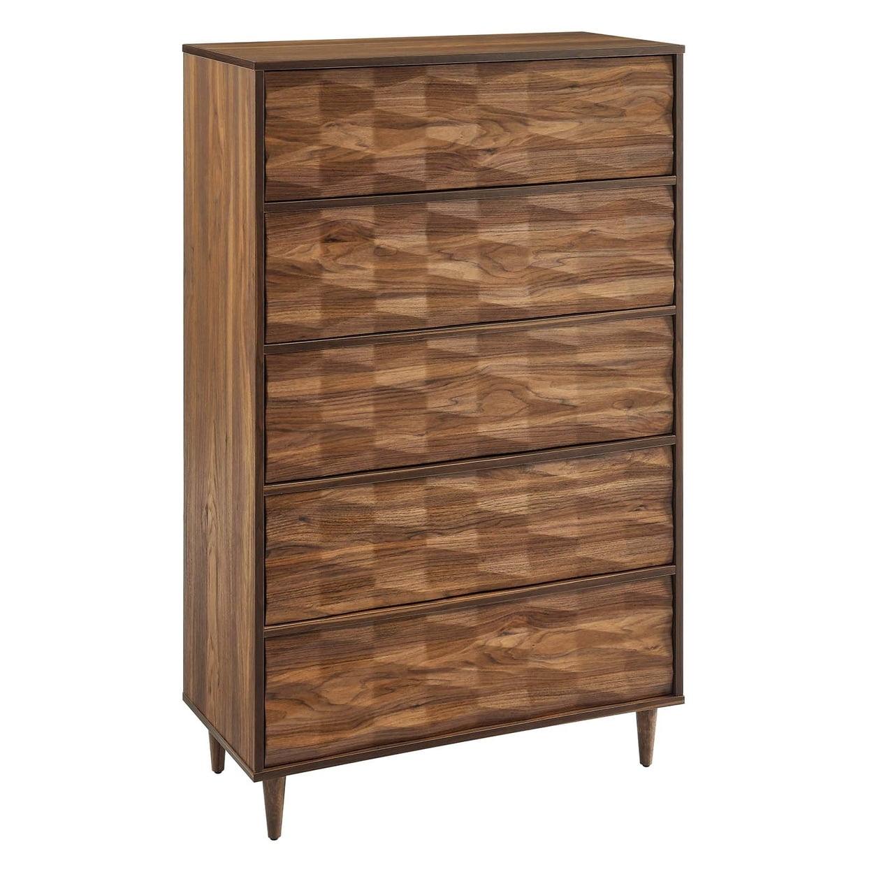 Walnut 5-Drawer Chest with Grooved Wave Design