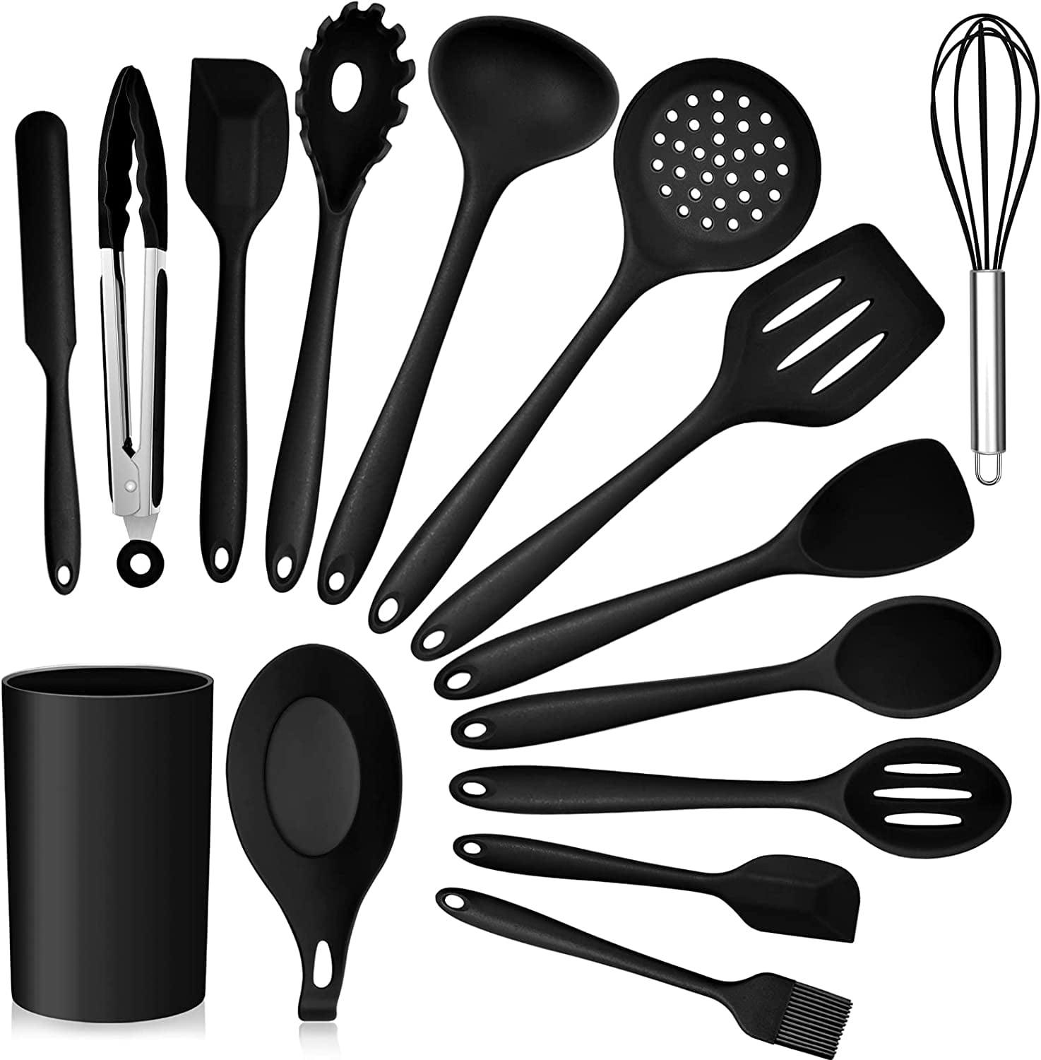 Vesteel 15 Piece Kitchen Utensils Set, Silicone Cooking Utensils with Holder, Non-Stick Cookware Friendly & Heat Resistant - Black