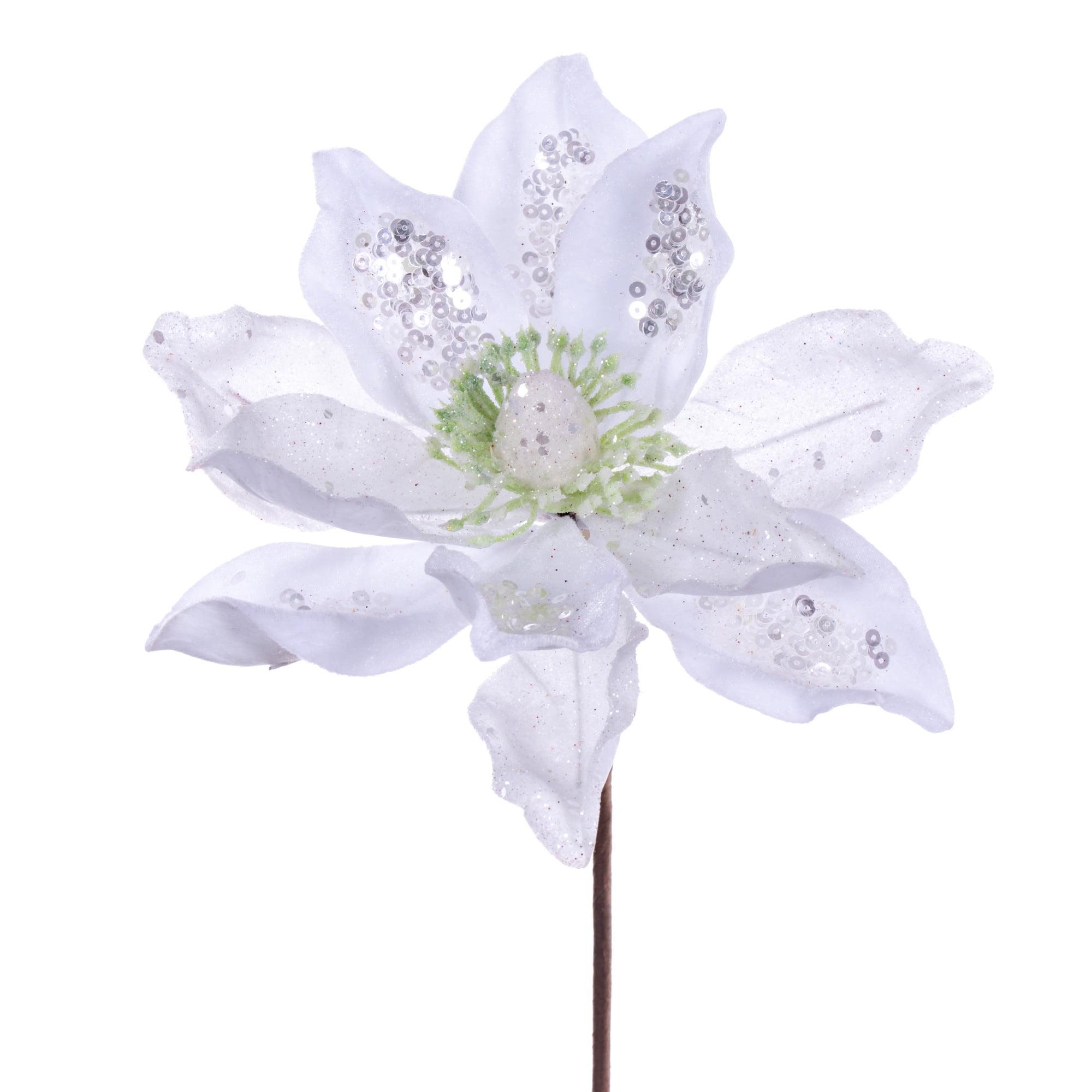 15" White Glitter Magnolia Christmas Flower Stems, Set of 6