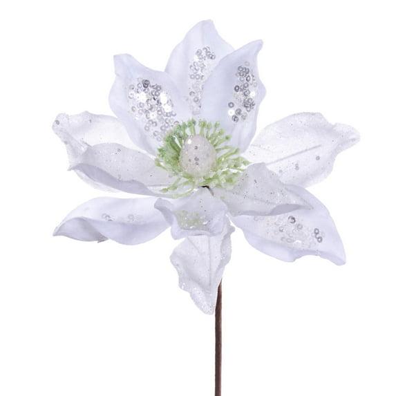Vickerman 15" Artificial White Deluxe Magnolia Christmas Stem, 8" Flower, 6 per bag