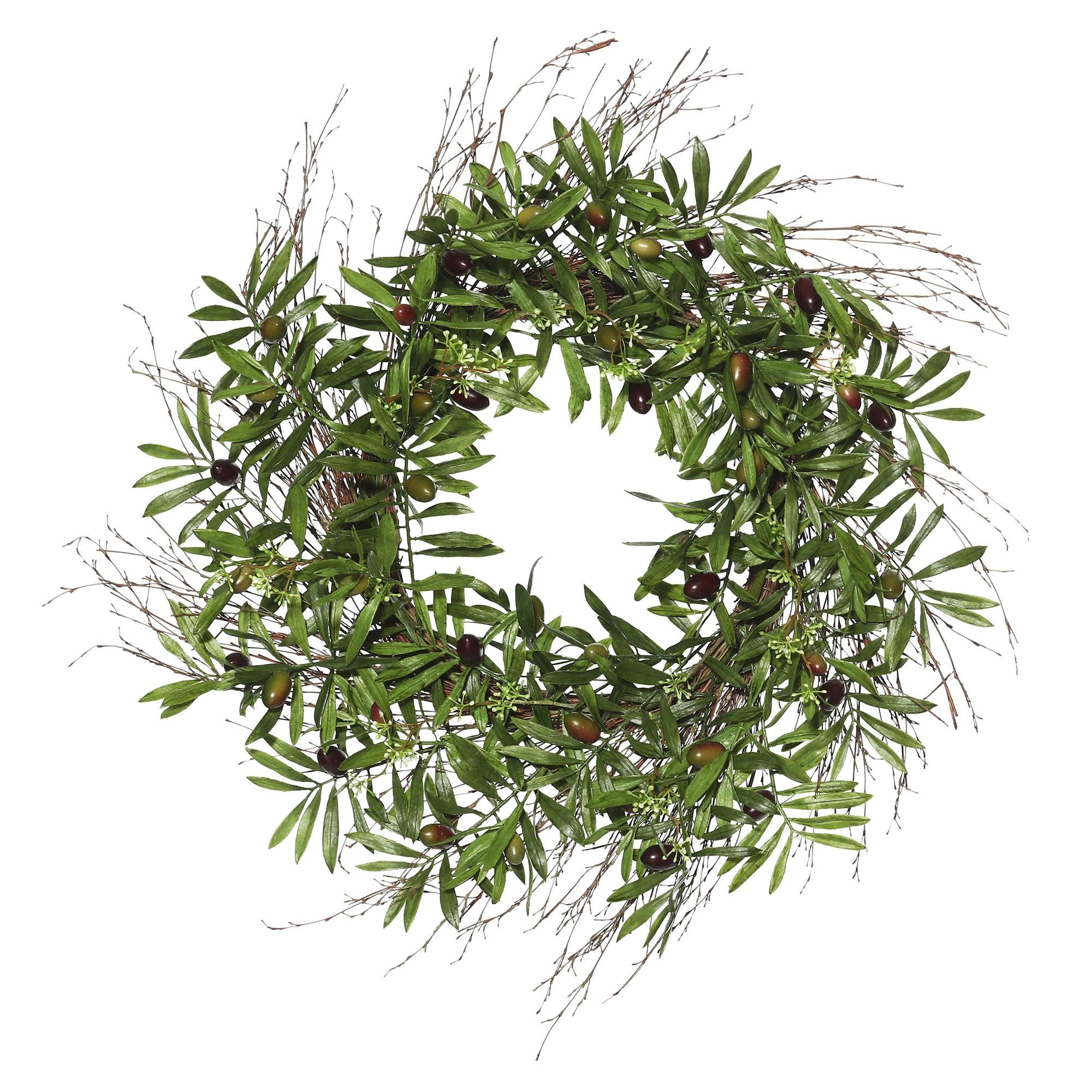 Lush Mediterranean 24" Green Olive Leaf Wreath with Flowers