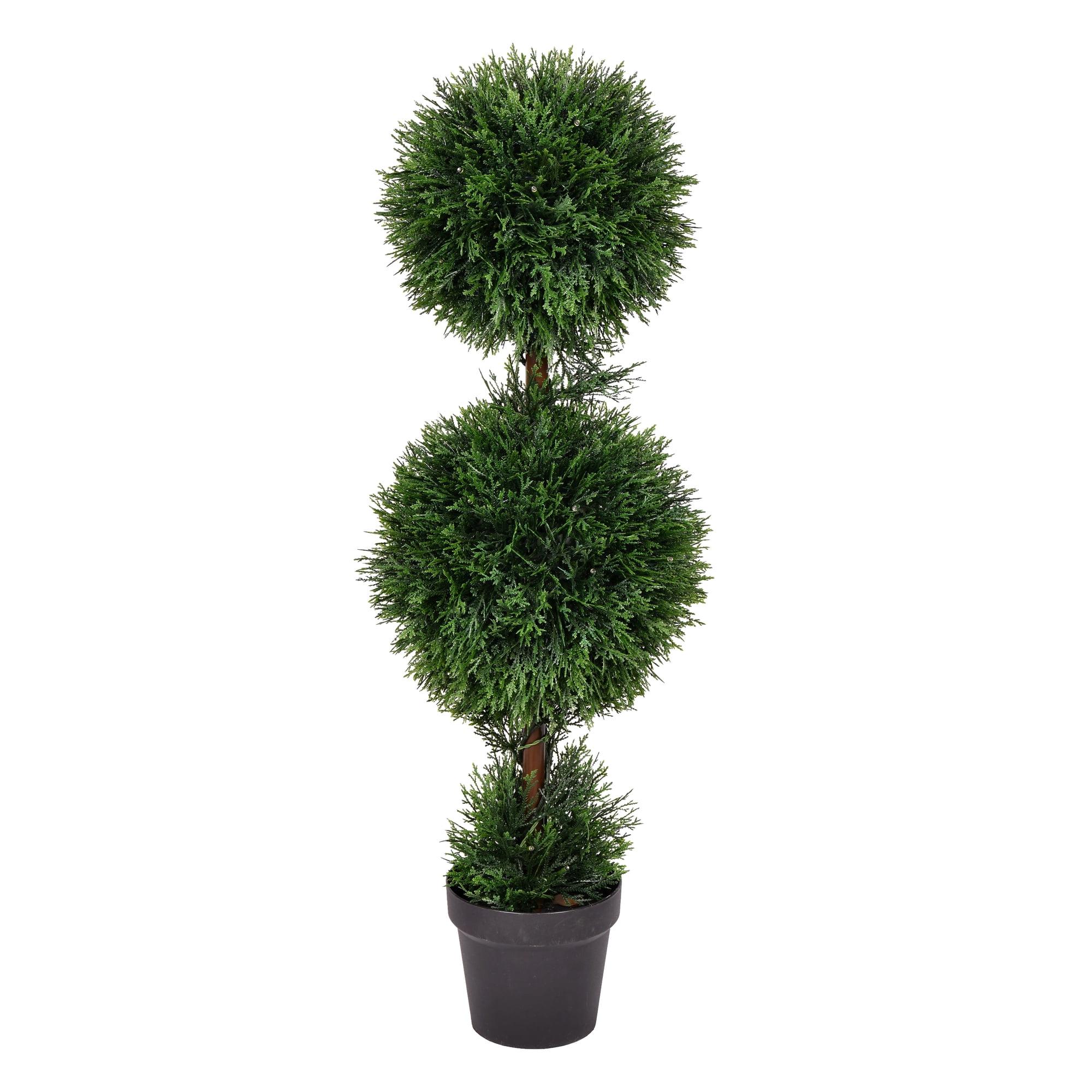 Elegant Outdoor Boxwood Double Ball Topiary with White Lights, 37"x11"