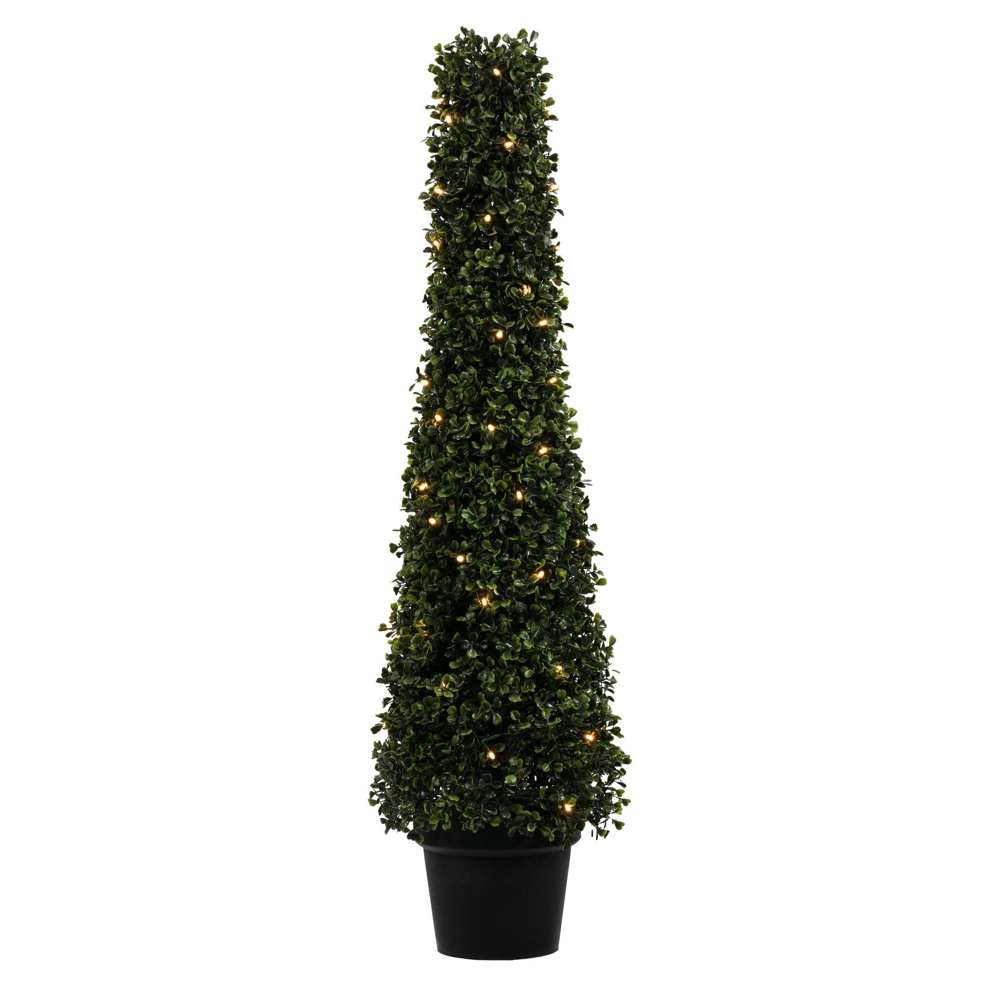 Elegant 36" Pre-Lit Outdoor Boxwood Topiary in White Plastic Pot