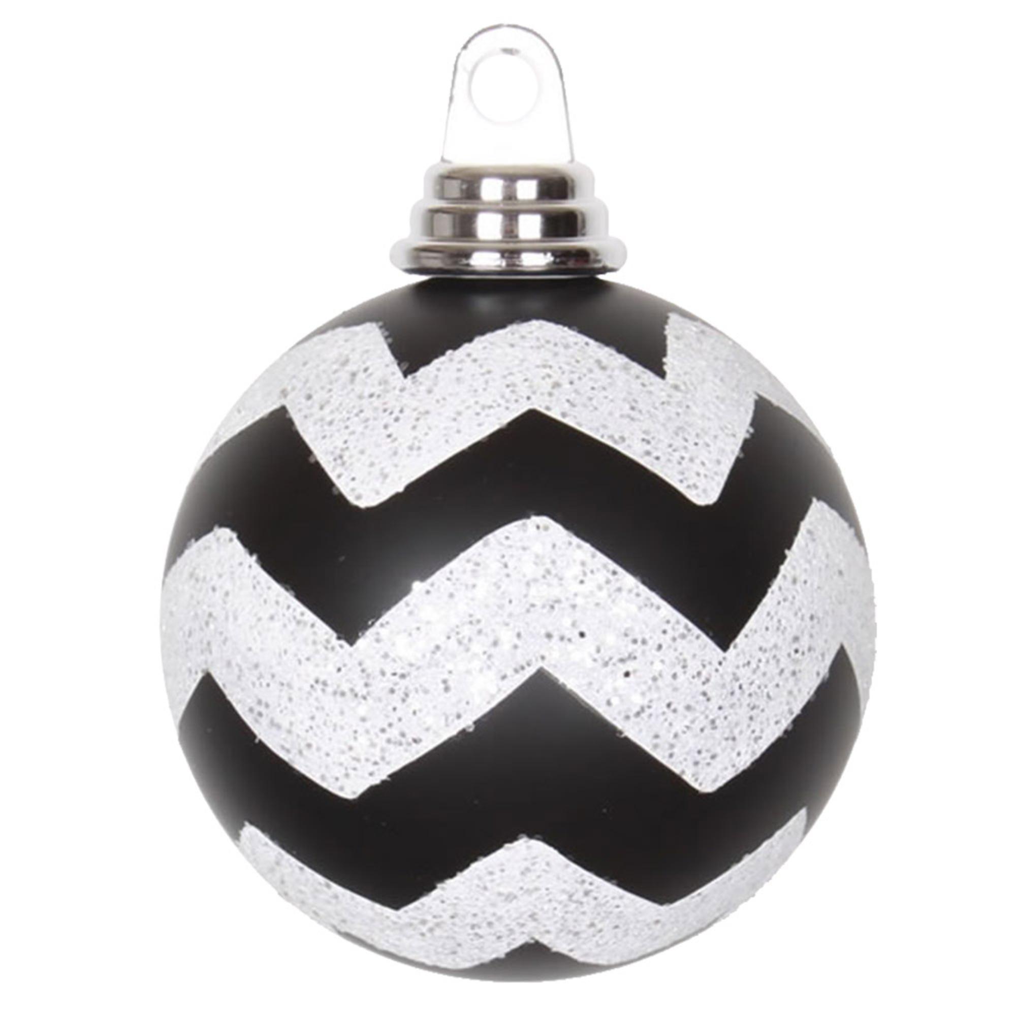 Vickerman 4" Black and White Matte Chevron Ball Christmas Ornament with Glitter Accents, 4 per Box