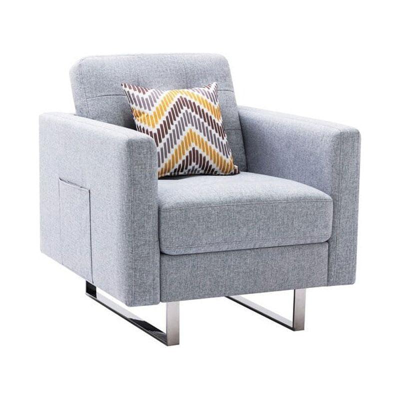 Victoria Light Gray Linen Fabric Armchair with Metal Legs and Tufted Back