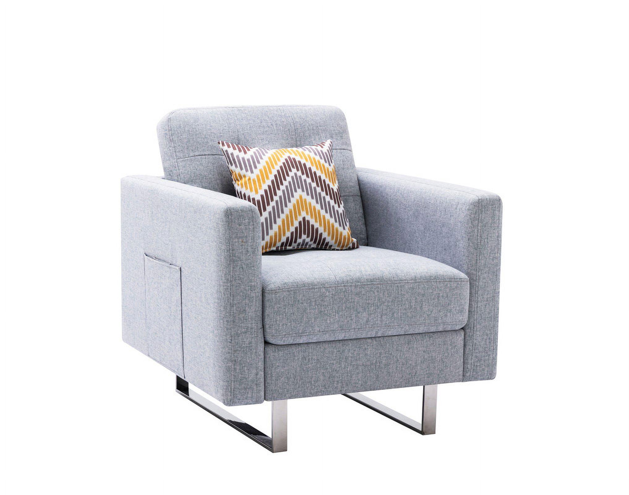 Victoria Light Gray Linen Fabric Armchair with Metal Legs and Tufted Back