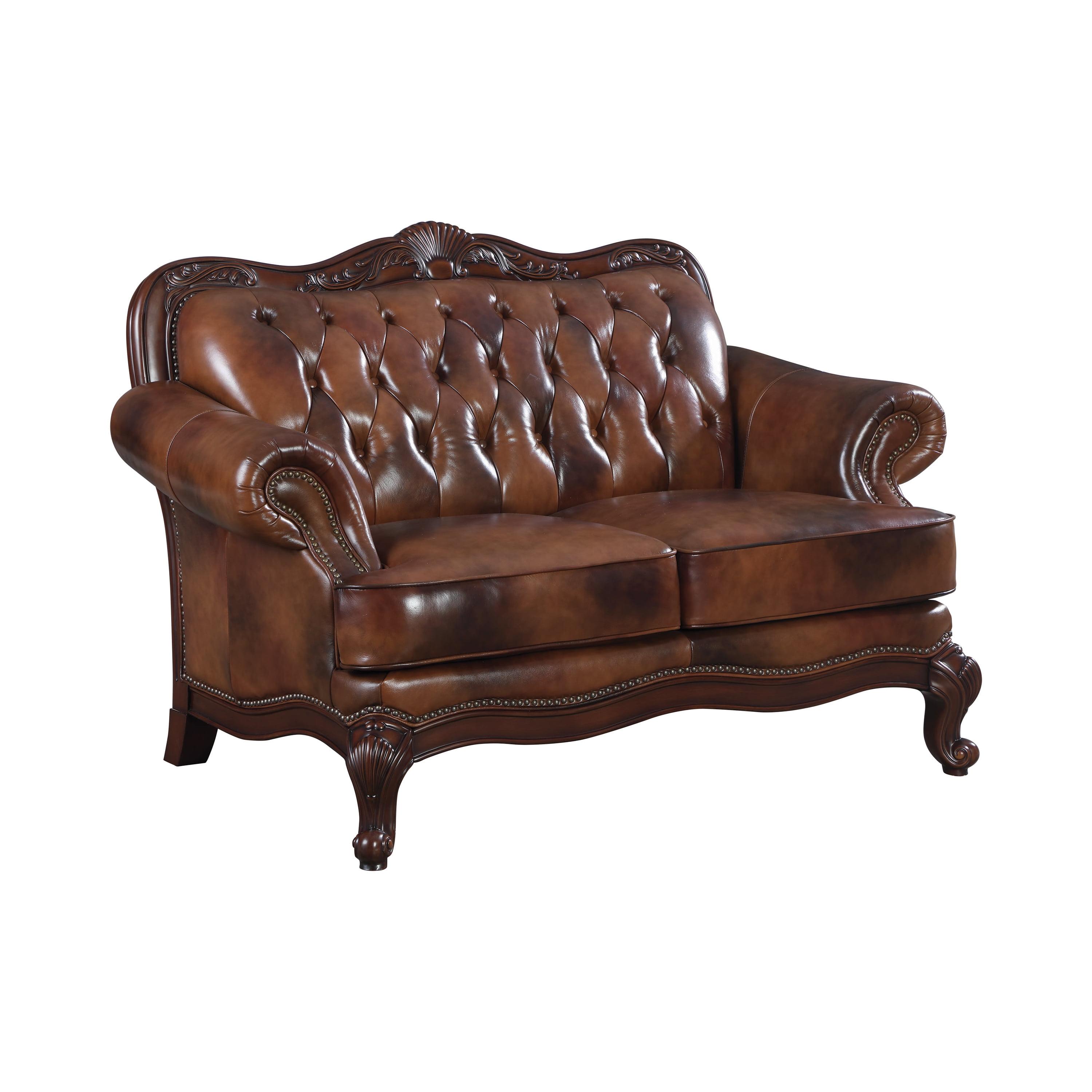 Victoria Brown Tufted Leather Loveseat with Nailhead Trim