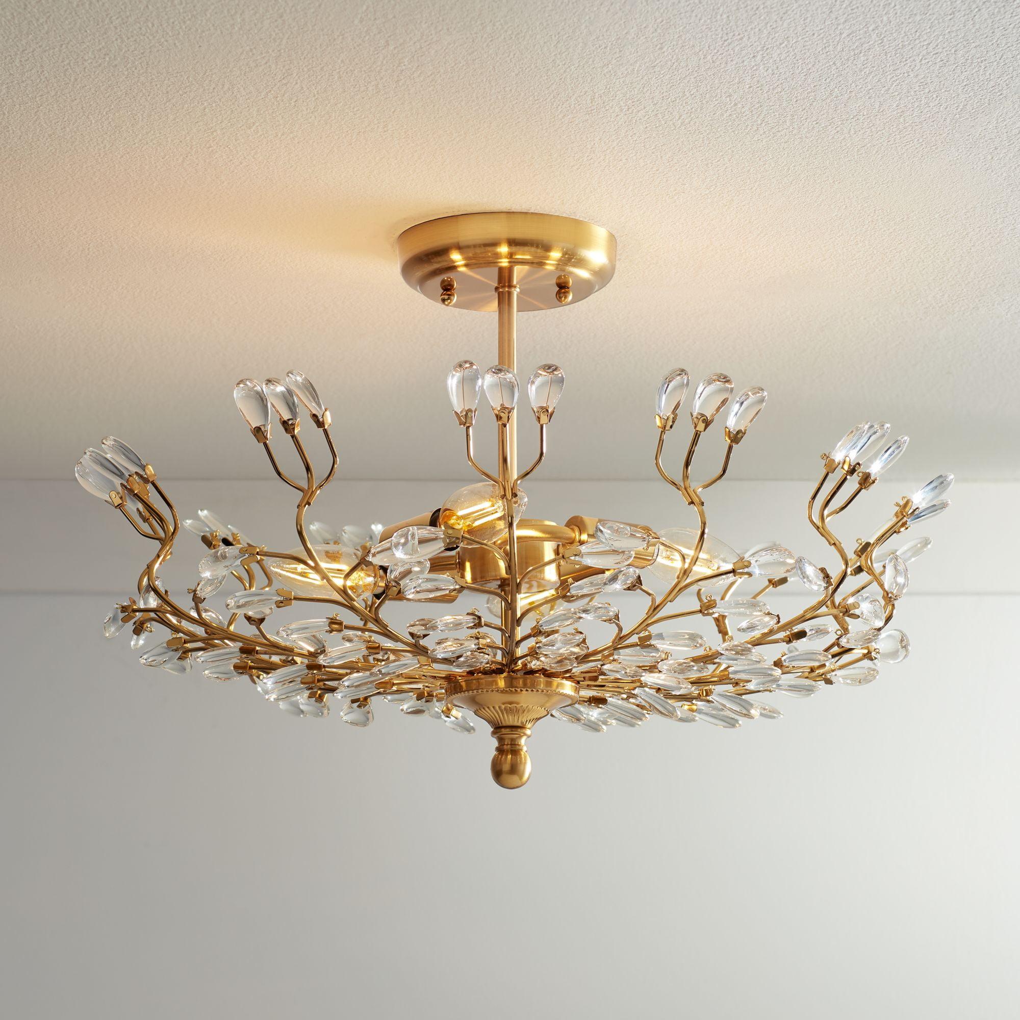 Elegant Brass Vine 24" Semi-Flush Bowl Ceiling Light with Crystal Accents