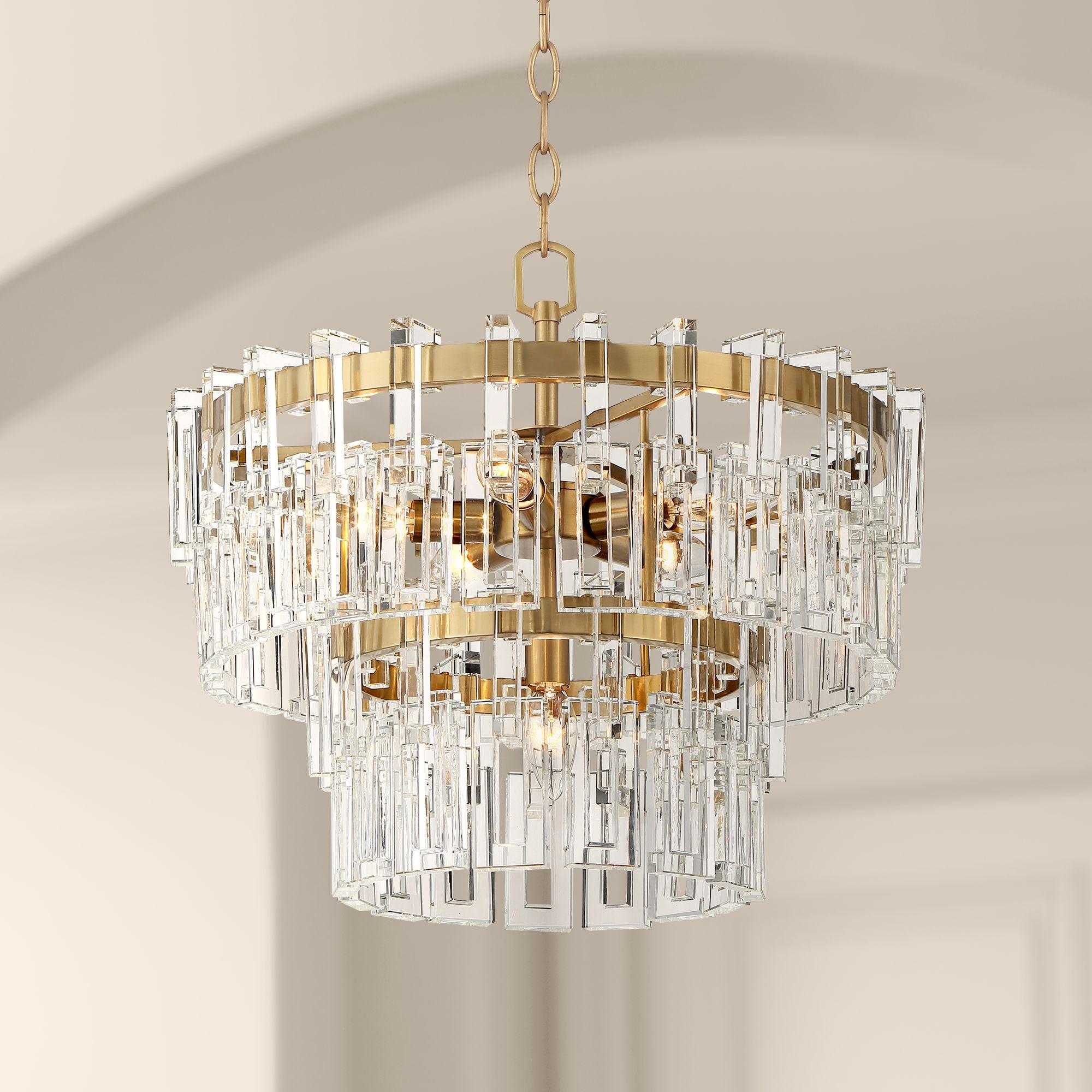 Burnished Brass and Crystal Drum Pendant Light 20.5"