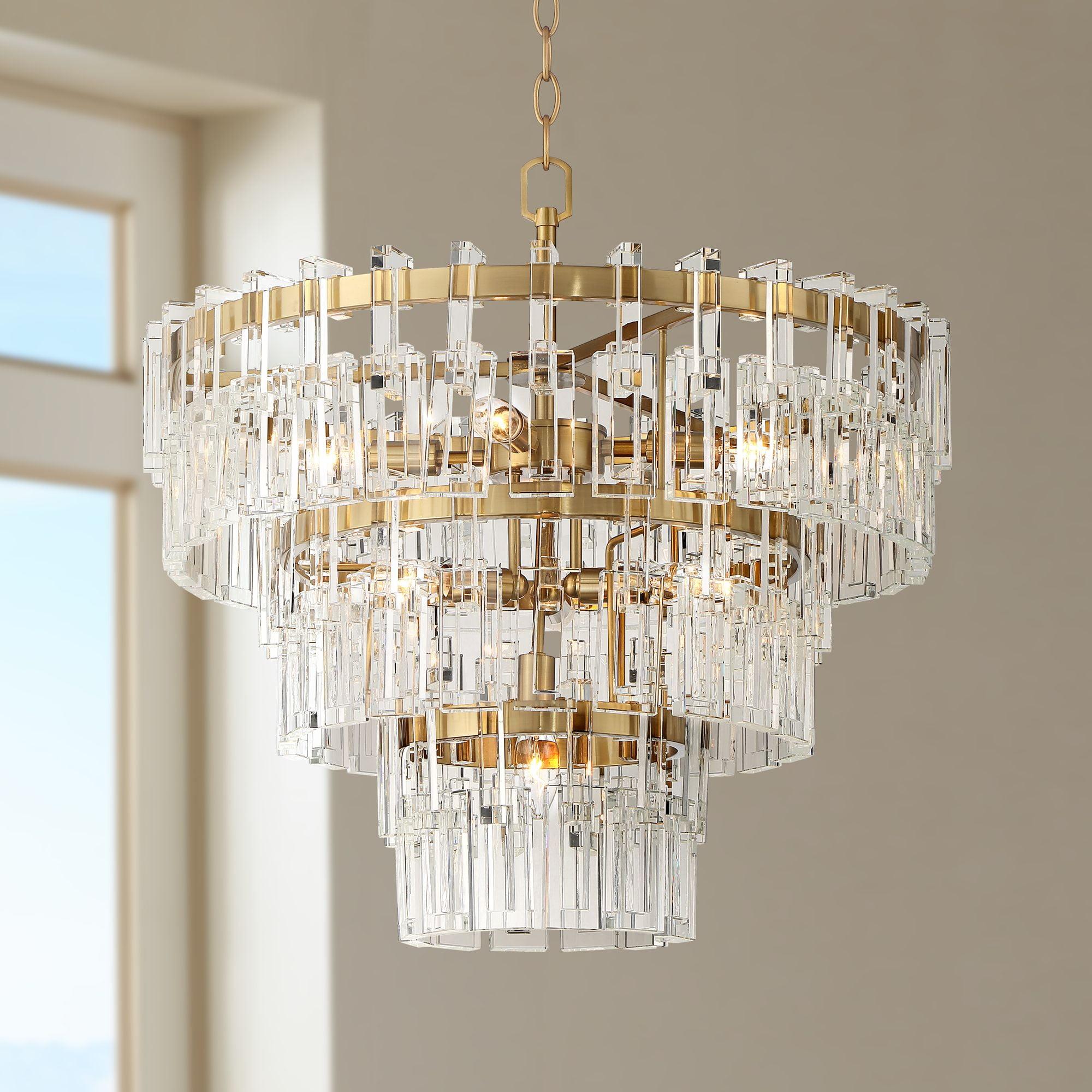 Elegant Burnished Brass and Crystal Tiered Chandelier 25.6" Wide