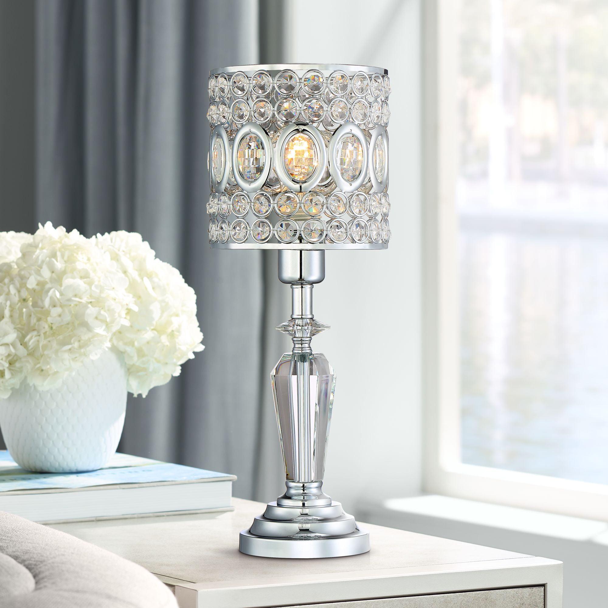 Vienna Full Spectrum Tori Modern Accent Table Lamp 17" High Chrome Silver Clear Crystal Drum Shade for Bedroom Bedside Nightstand Office  Family Room