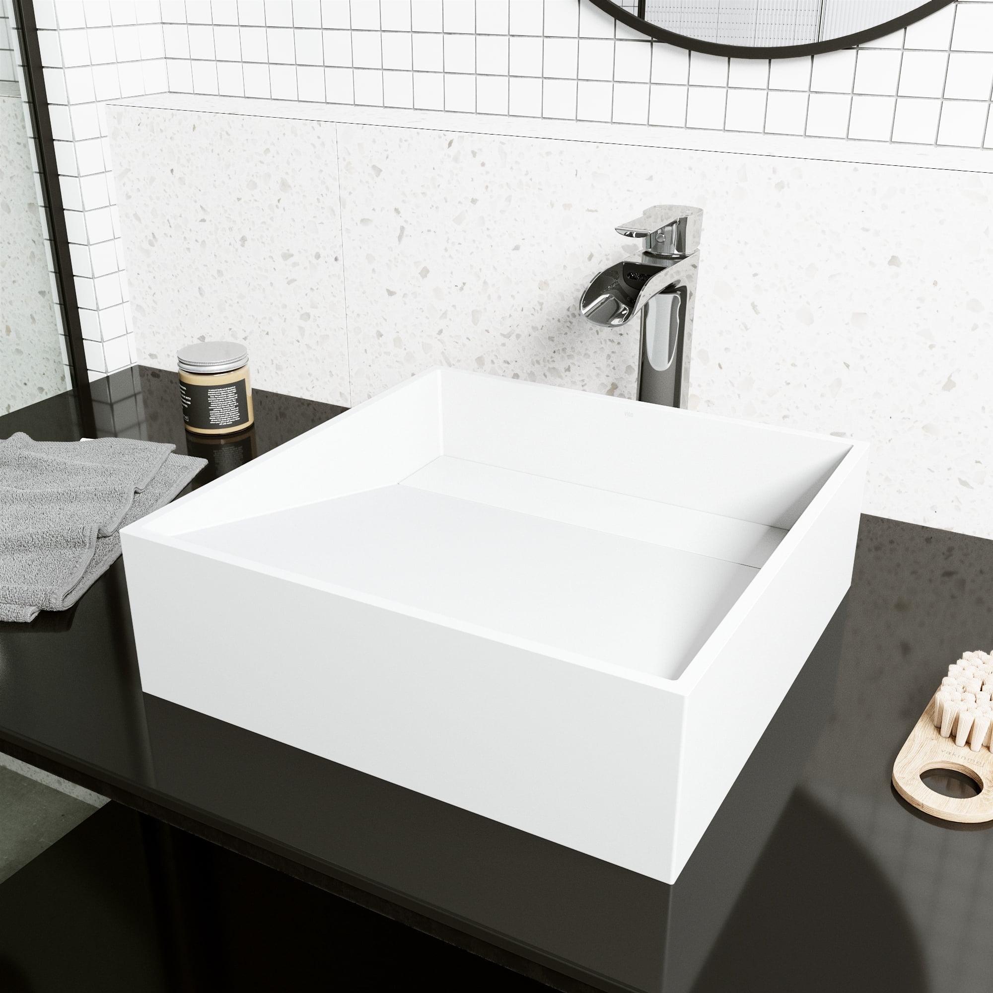 VIGO VGT2037 Starr 15" L x 15" W x 5" H Square White Matte Stone™ Vessel Bathroom Sink with 11" H Faucet