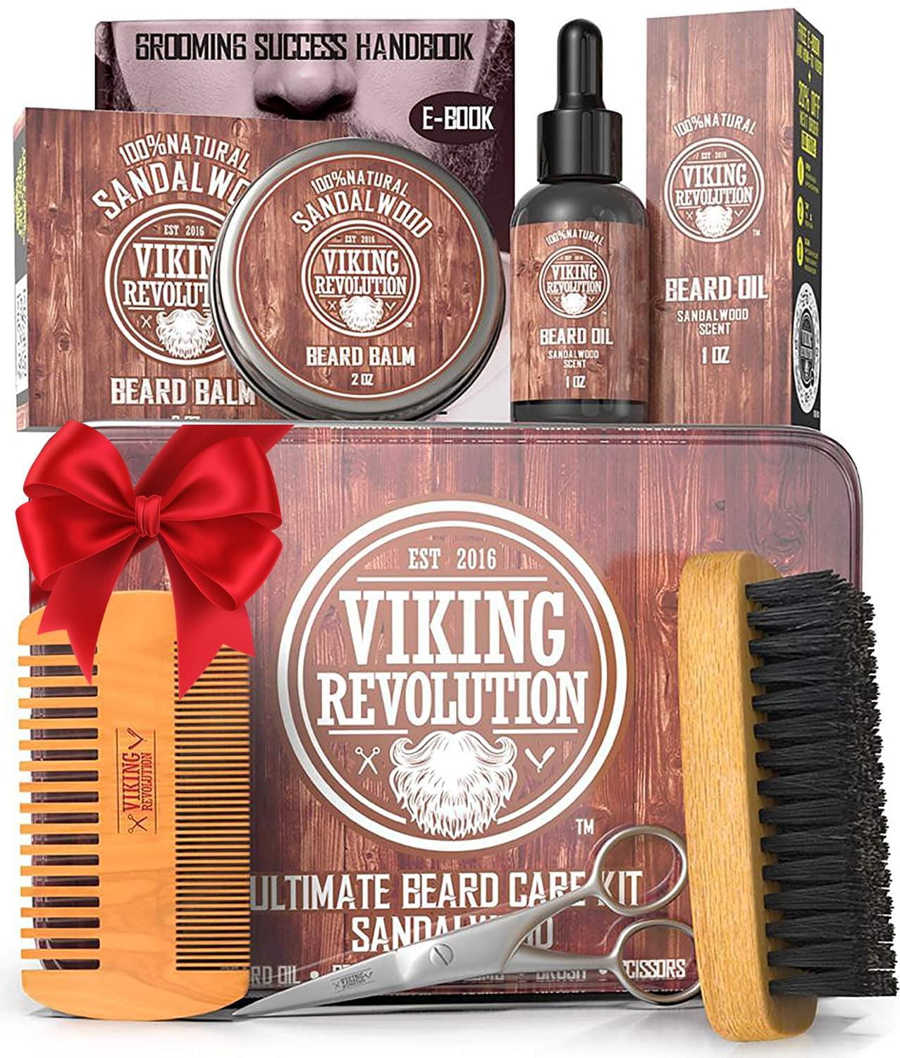 Viking Revolution Ultimate Grooming Kit for Men - Boar Brush, Wood Comb, Sandalwood Balm & Oil, Scissors for Beard & Mustache