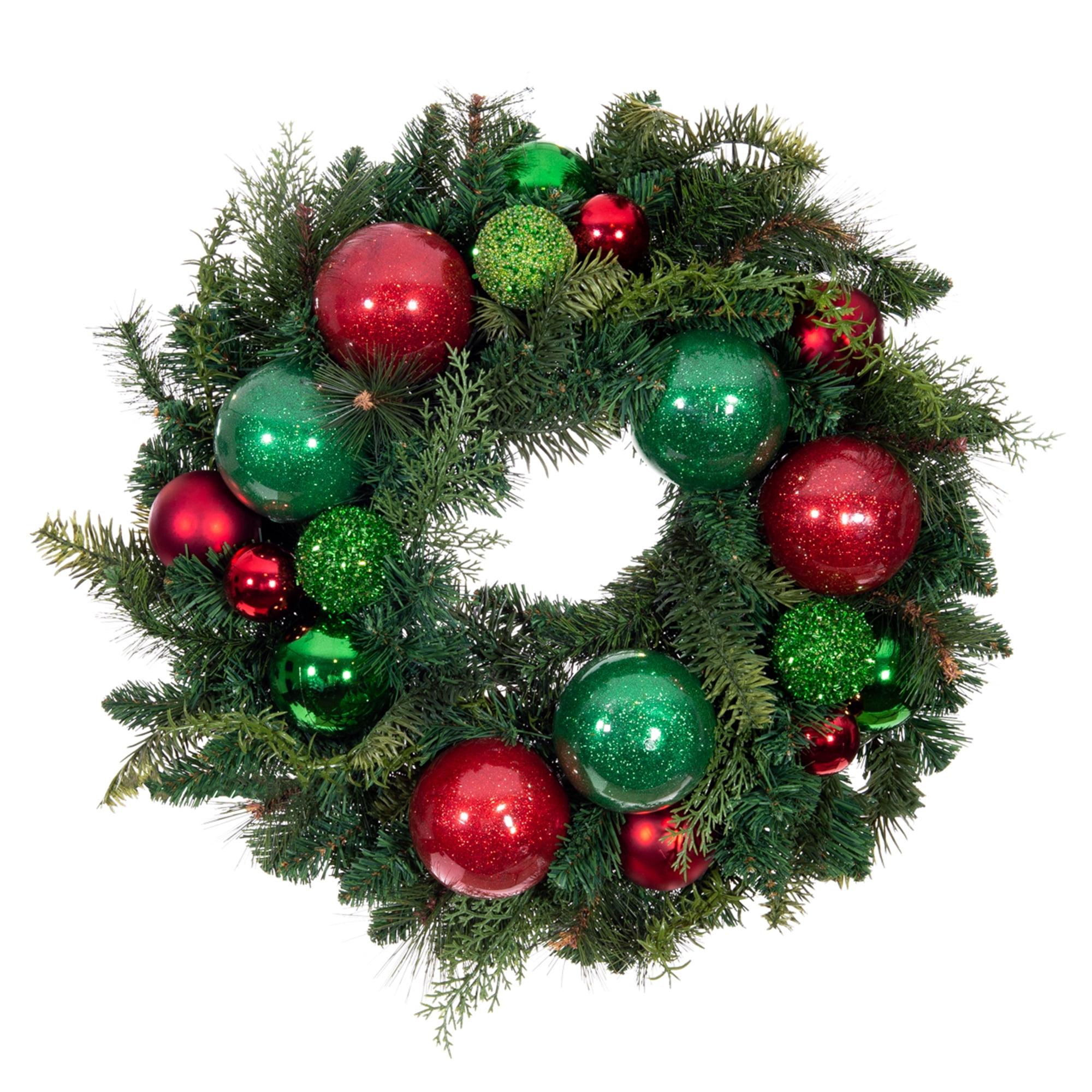 24-Inch Pre-Lit Pine Christmas Wreath with Red and Green Ornaments