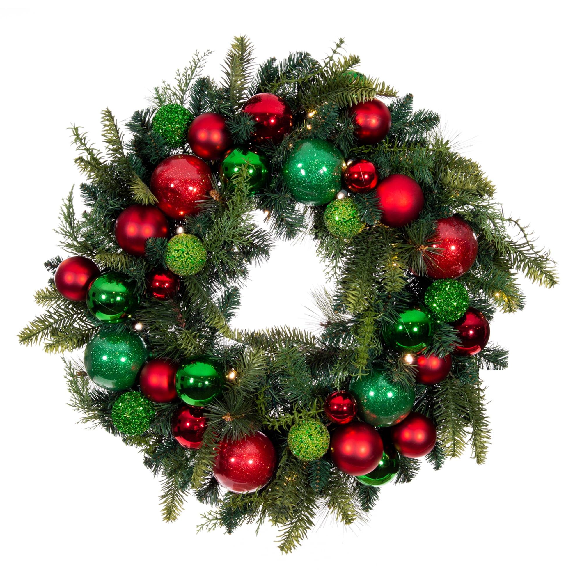 30" Pre-Lit Artificial Pine Christmas Wreath with Red and Green Ornaments