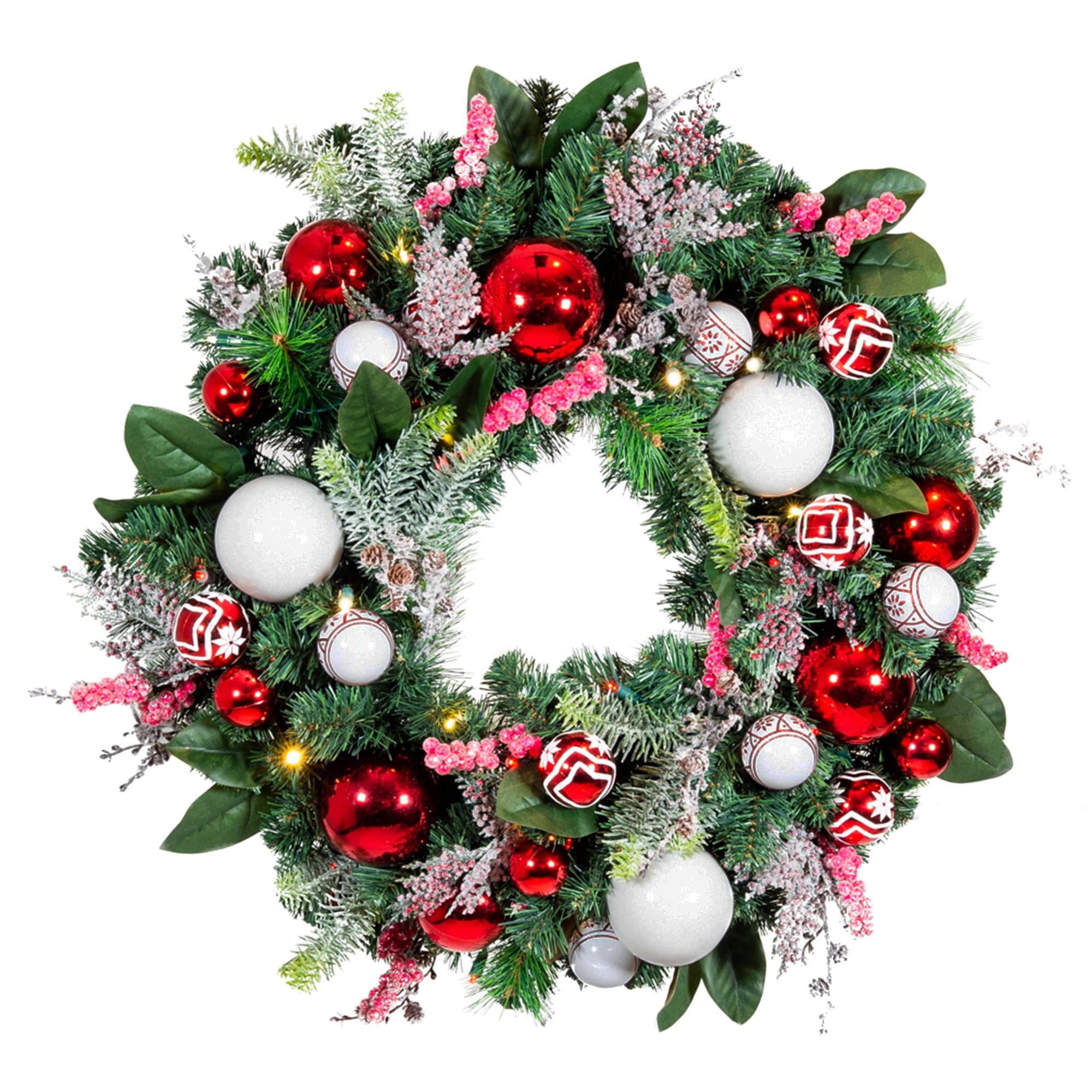 Festive Nordic 30" Pre-Lit Pine Wreath with LED Lights and Ribbon Accents