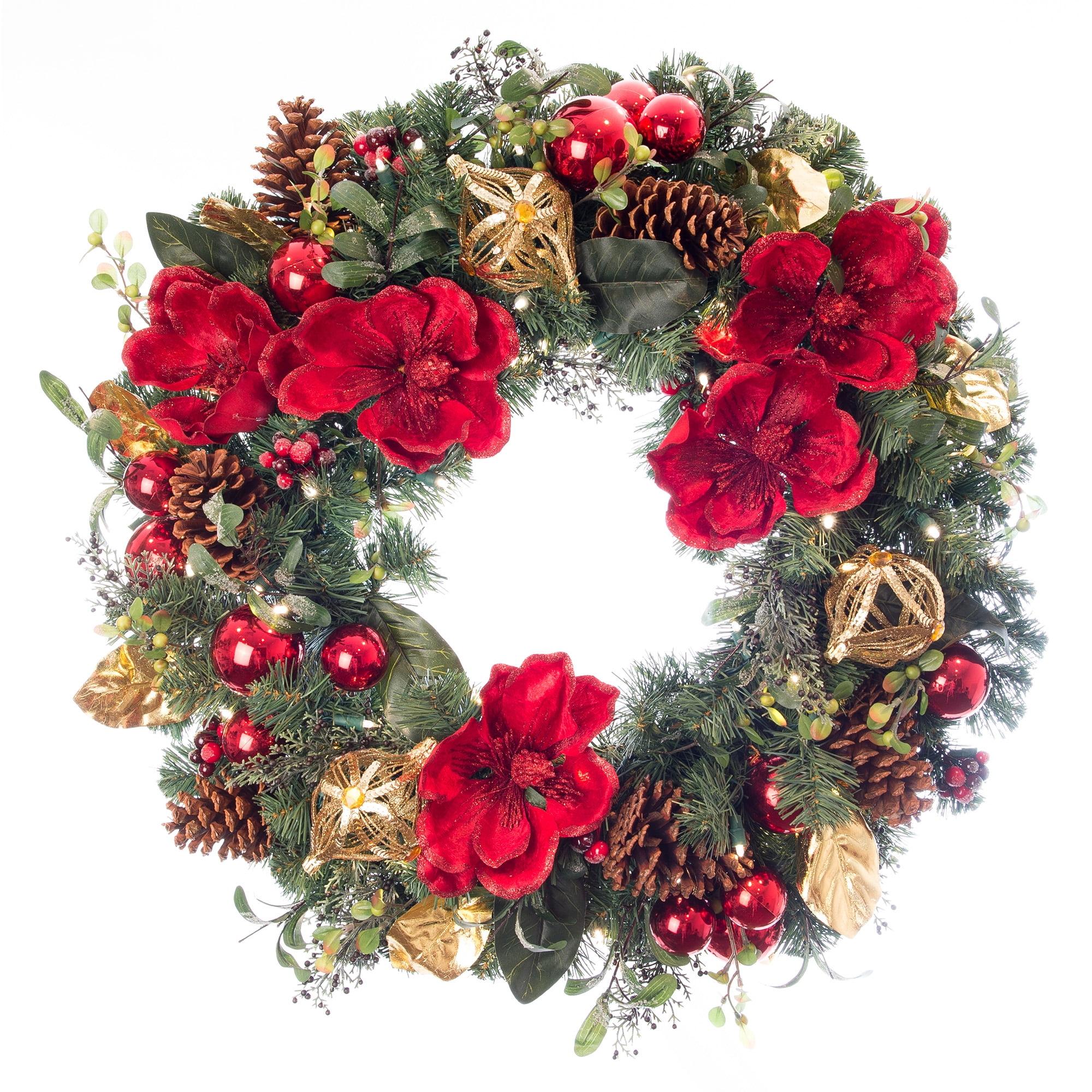 30" Red Magnolia Pre-Lit Christmas Wreath with LED Lights