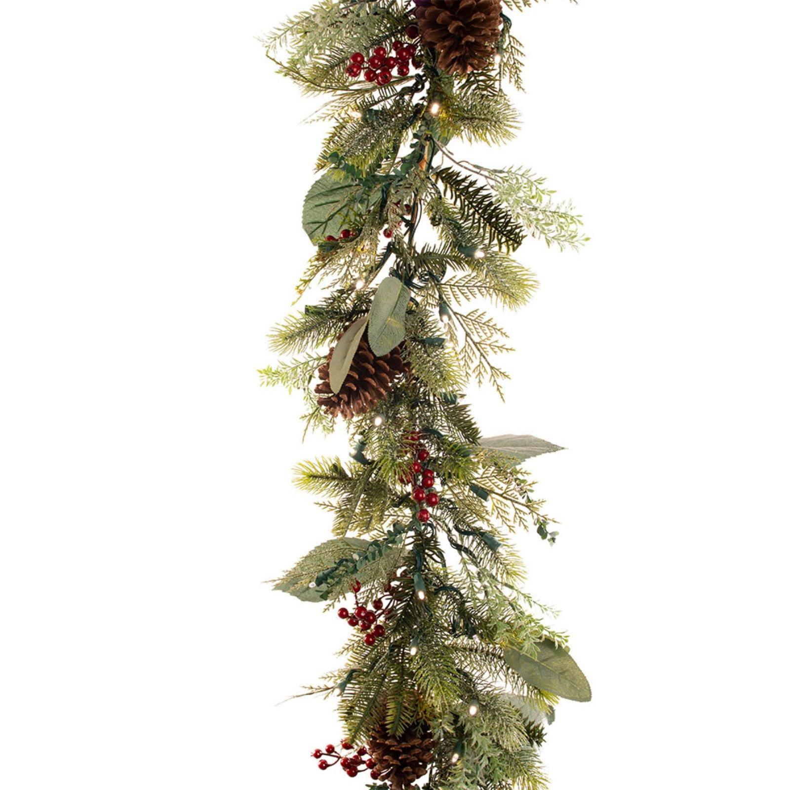 Frosted Pinecone 9ft LED Garland with Red Berries for Outdoor Decor