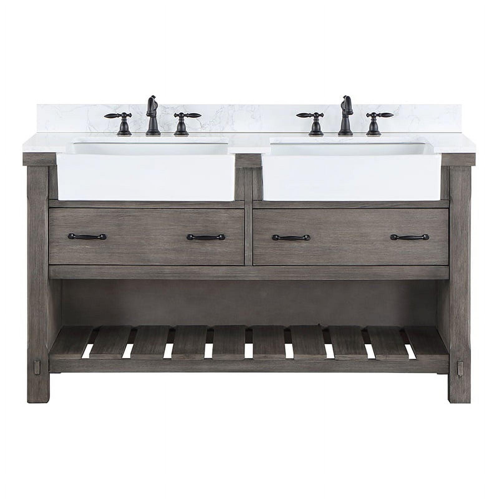 60 in. Villareal Double Bathroom Vanity, Classical Grey with Composite Stone Top in White, White Farmhouse Basin