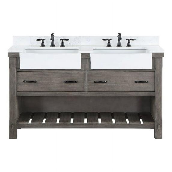 60 in. Villareal Double Bathroom Vanity, Classical Grey with Composite Stone Top in White, White Farmhouse Basin