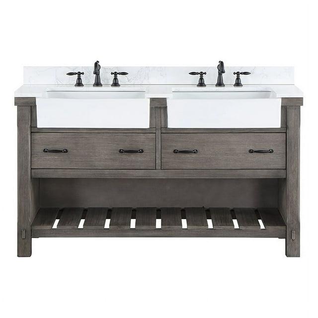 60 in. Villareal Double Bathroom Vanity, Classical Grey with Composite Stone Top in White, White Farmhouse Basin