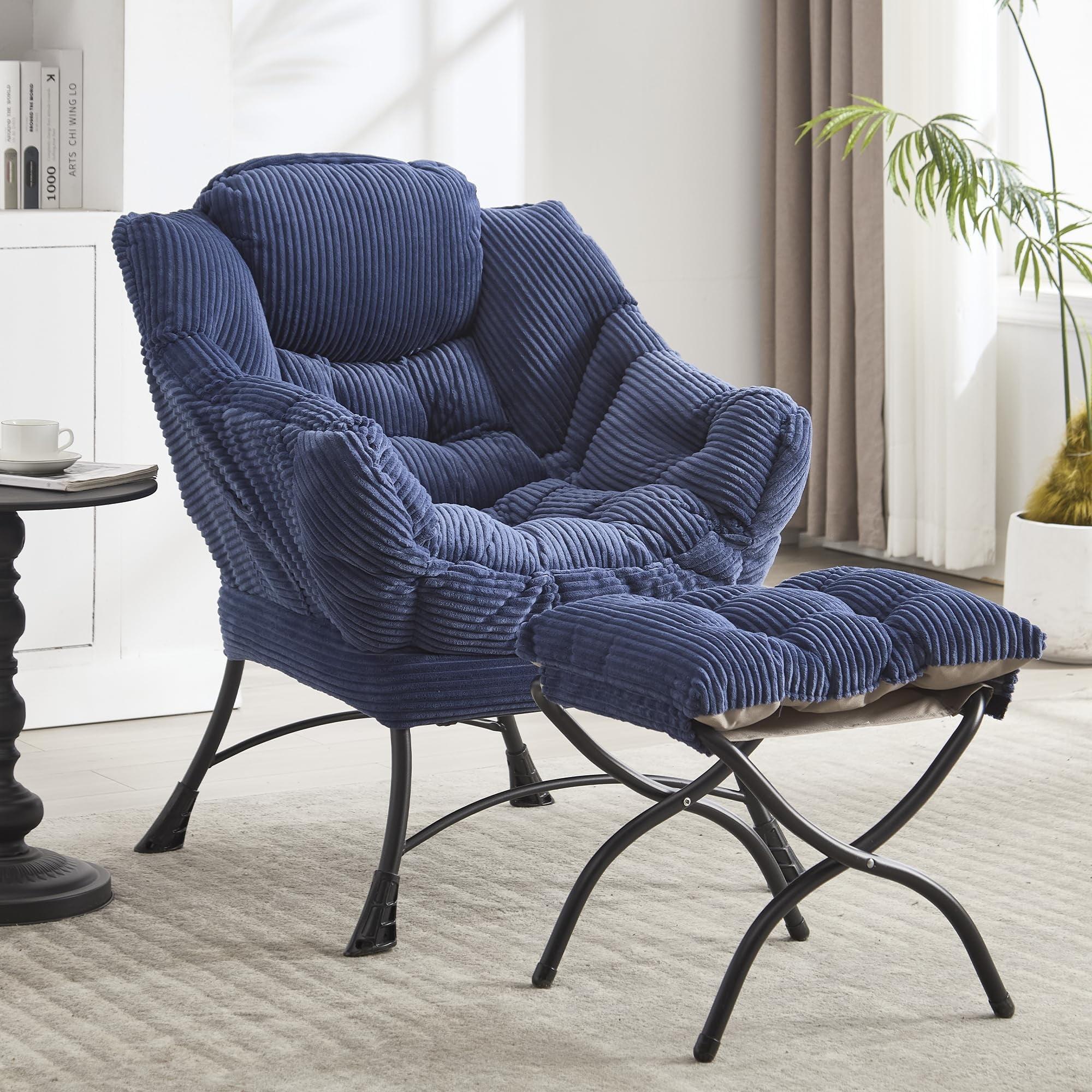 Modern Lazy Chair with Ottoman, Accent Chair with Armrests and a Side Pocket, Blue Cotton Reading Chair with Footrest-Coolbibila