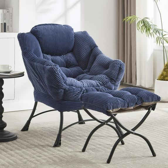 Modern Lazy Chair with Ottoman, Accent Chair with Armrests and a Side Pocket, Blue Cotton Reading Chair with Footrest-Coolbibila