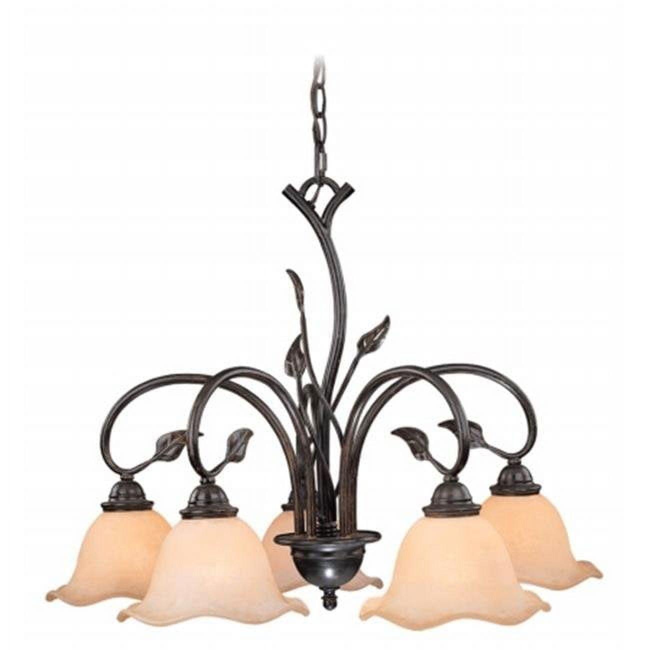 Elegant Rustic Vine 5-Light Chandelier with Amber Flake Glass Shades