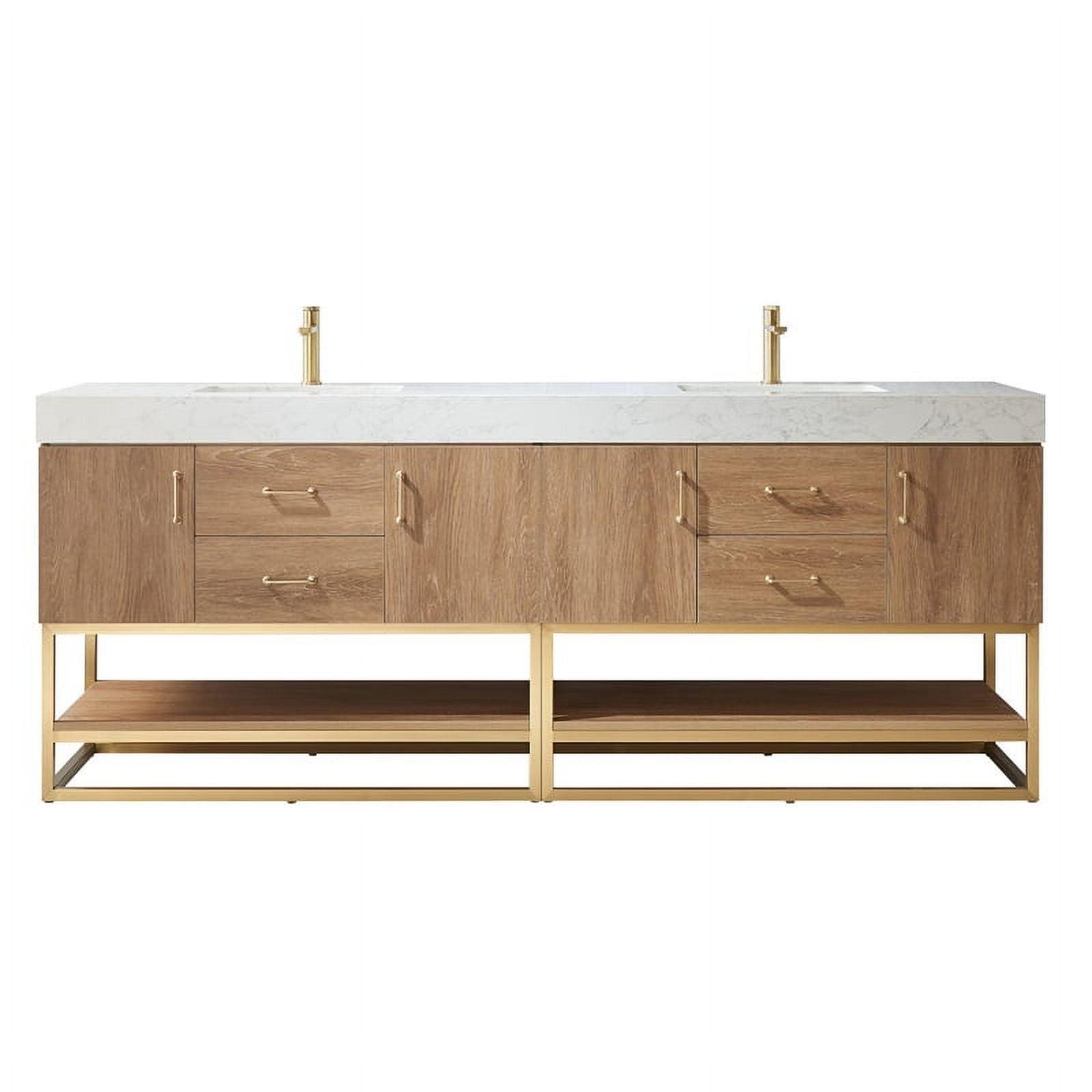 Alistair 84" Oak Double Vanity with White Stone Top and Gold Frame