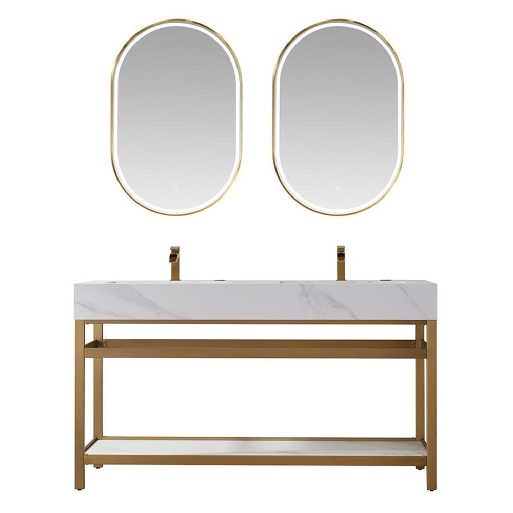 Vinnova Bilbao 60" White Stone Top Double Vanity Brushed Gold Frame w/ Mirror