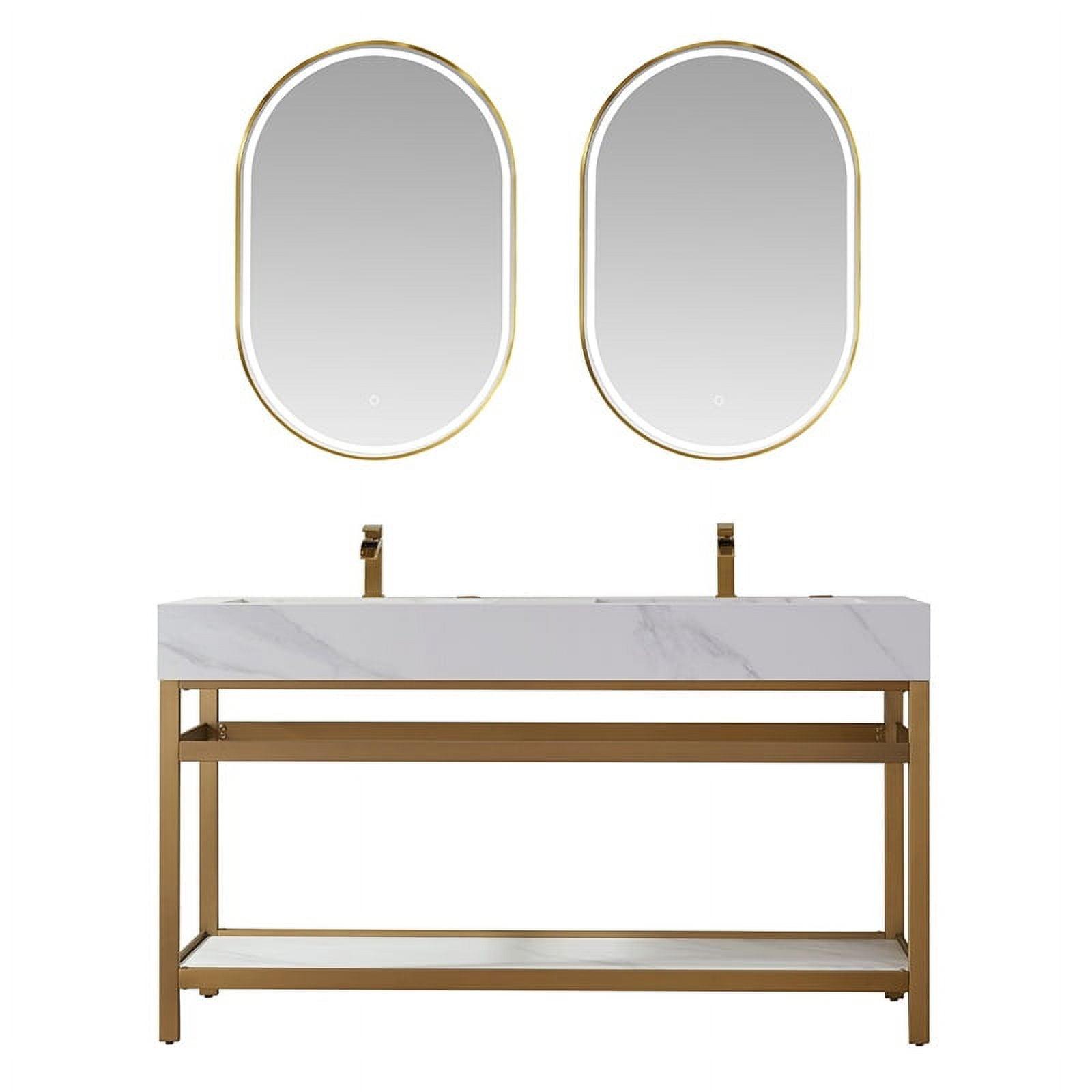 Bilbao 60" White Stone Double Vanity with Gold Frame and Mirrors