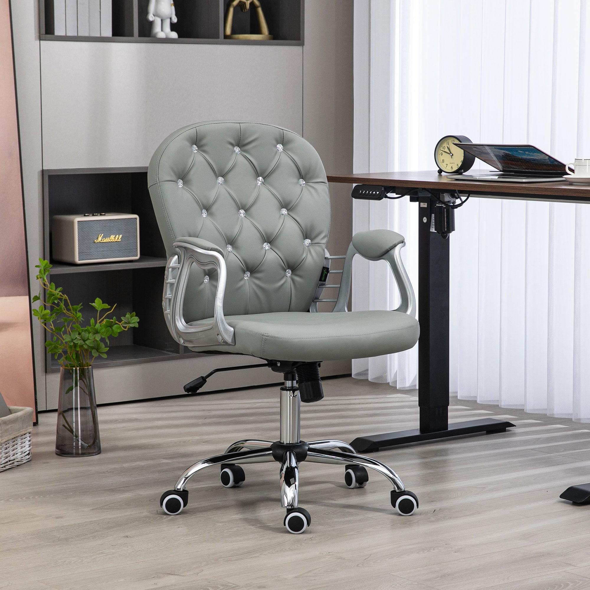 Vinsetto Vanity PU Leather Mid Back Office Chair Swivel Tufted Backrest Task Chair with Padded Armrests, Adjustable Height, Rolling Wheels, Gray