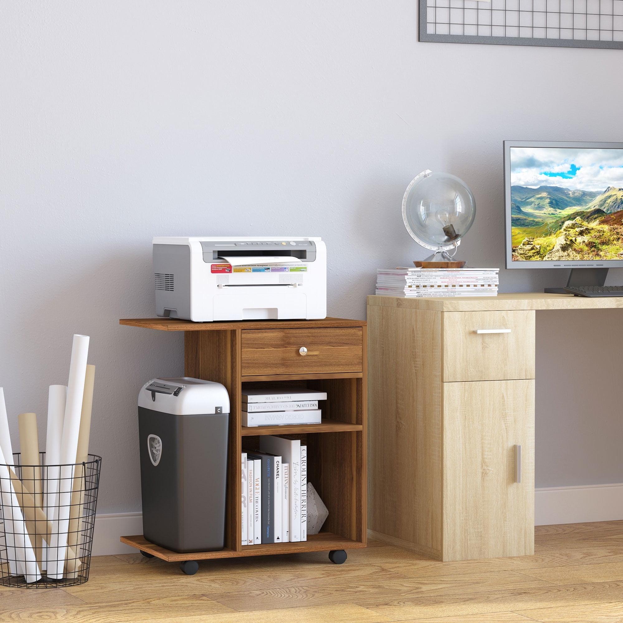 Walnut Rolling Printer Stand with Adjustable Shelf and Drawer