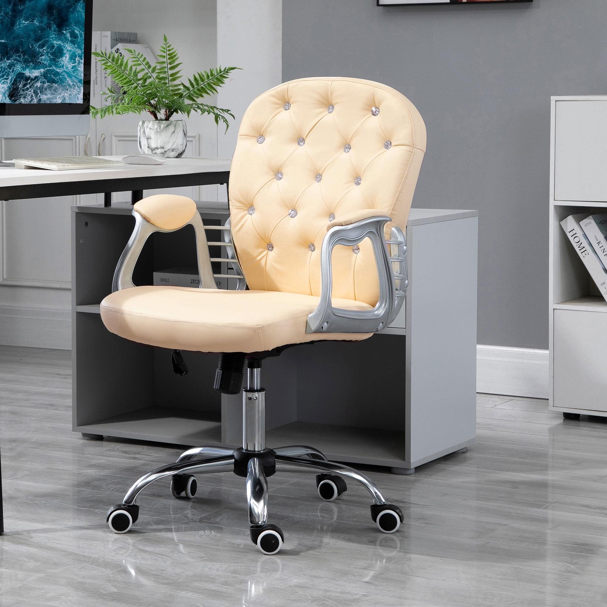 Beige Tufted Leather Swivel Executive Office Chair