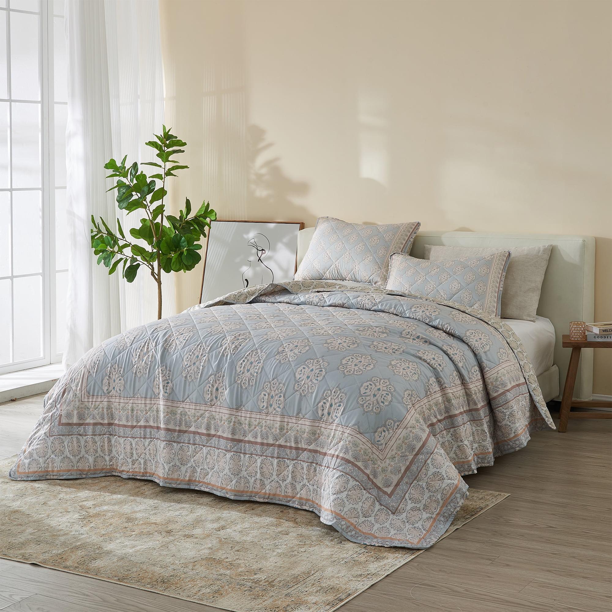 2pc Twin Printed Vintage Quilt Bedding Set Beige/Blue - Patina Vie: Reversible Damask Pattern, OEKO-TEX Certified