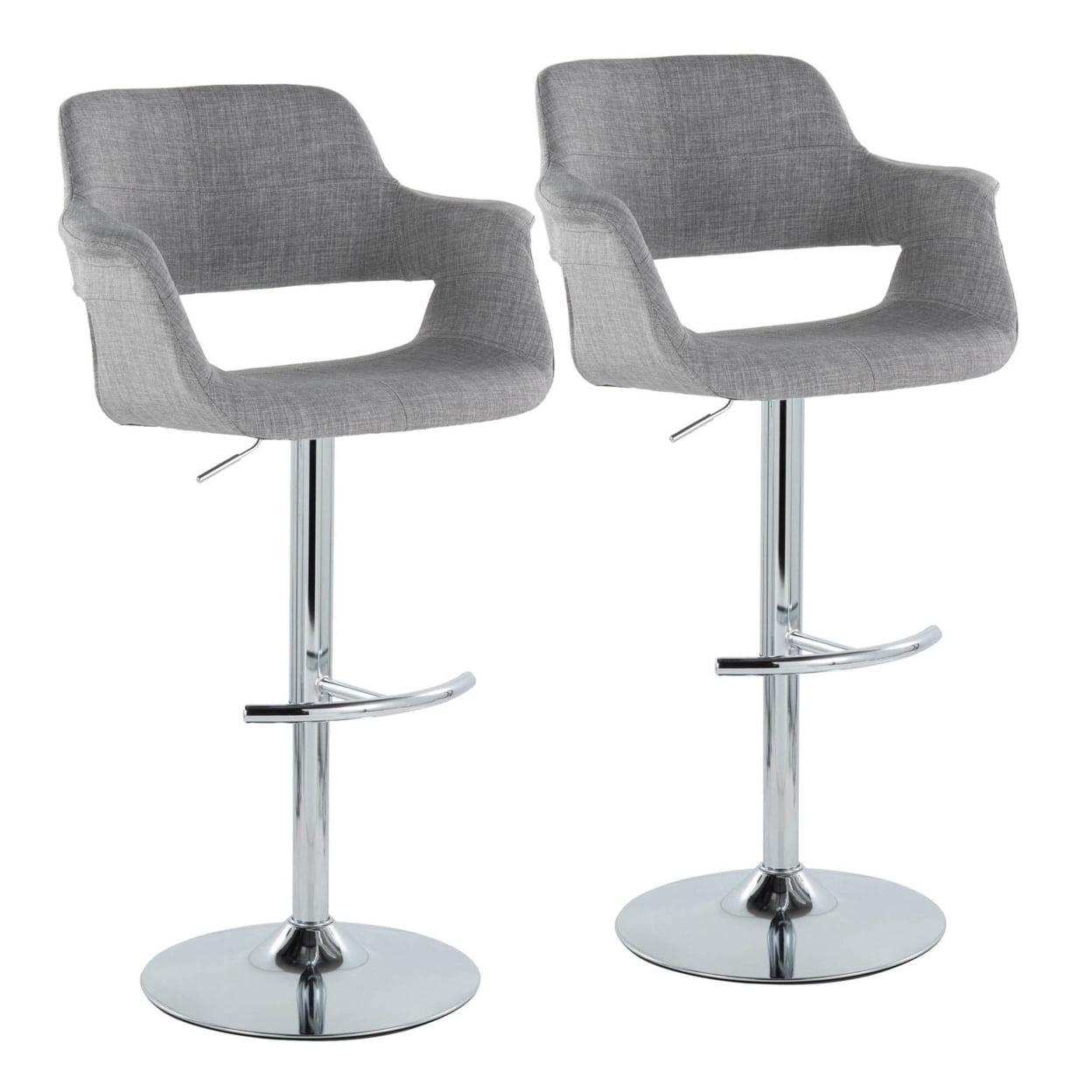 LumiSource Set of 2 Vintage Flair Adjustable Barstools Chrome/Light Gray: Mid-Century Modern, Swivel, Footrest, Upholstered
