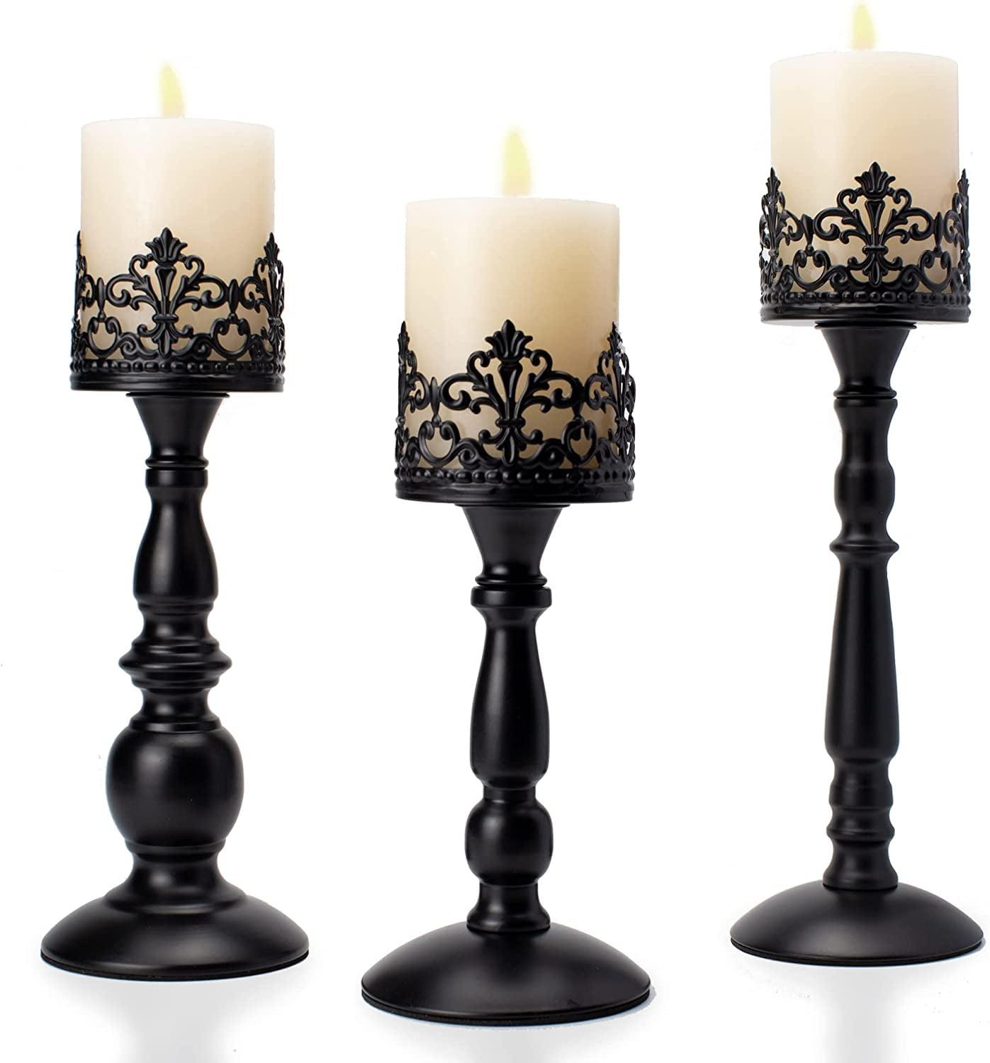 Vintage Pillar Candle Holders for Table Centerpiece Set of 3-11'' 9'' 8'' - Matte Black Metal Candle Stands Decorative - Candle Centerpiece for Table Fireplace Decor - Gothic Candle Holder