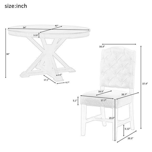 Vintage Style Round Dining Table Set with Extendable Table and 4 Upholstered Chairs for Dining Room and Living Room Oak Natural Wood + OFF White