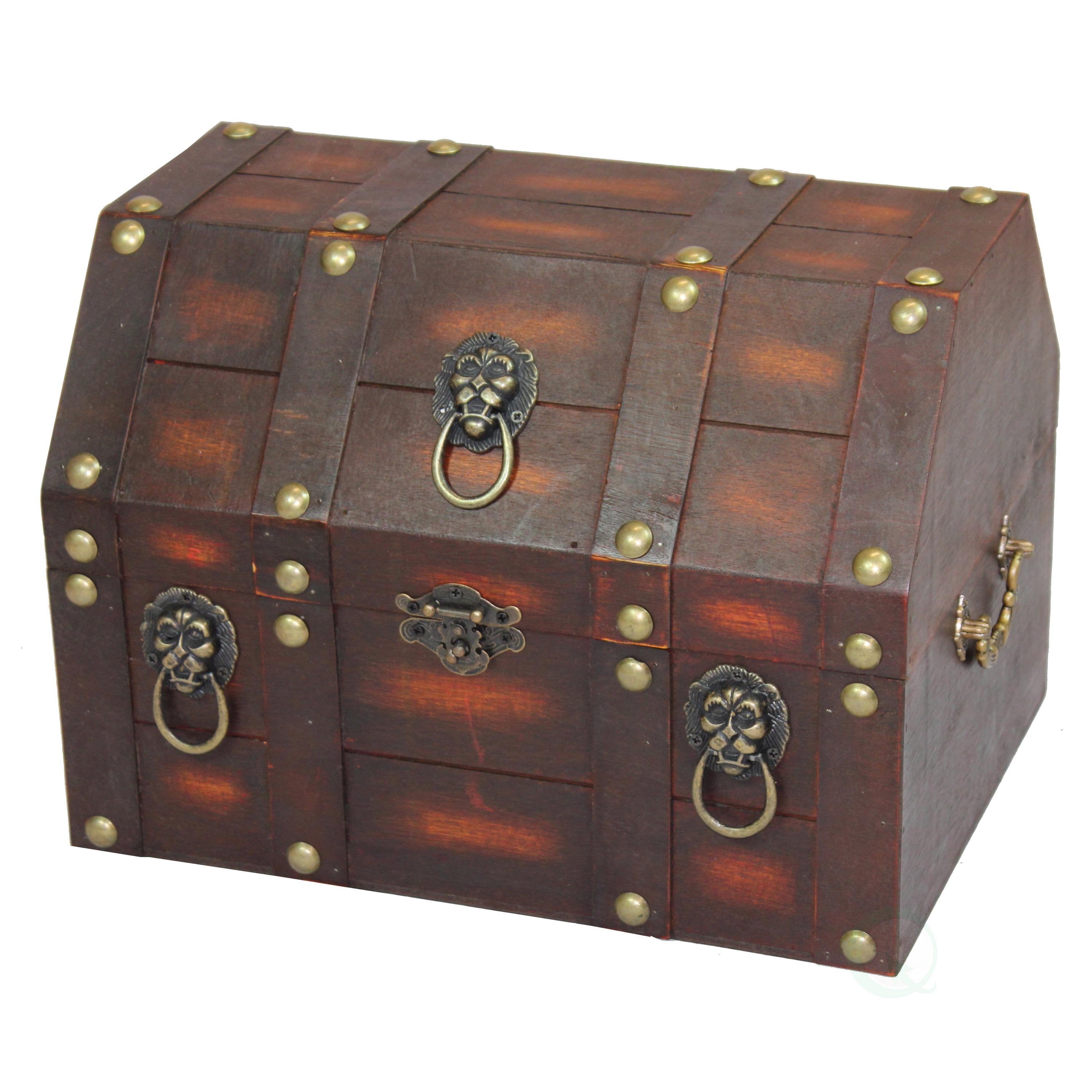 Quickway Imports Antique Wooden Pirate Treasure Chest with Lion Rings and Lockable Latch
