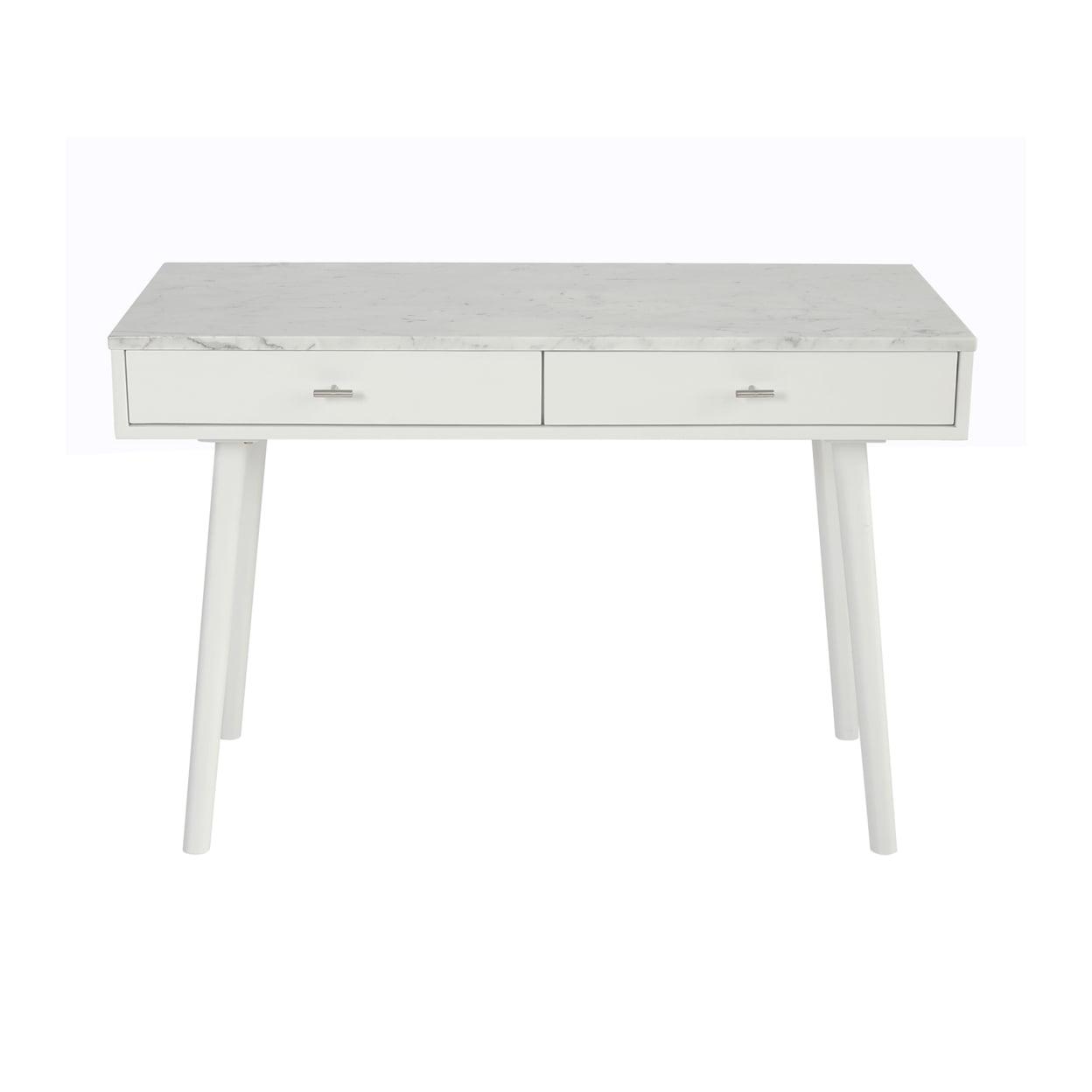 Bianco Flair 49" White Carrara Marble Writing Desk with Sleek Storage Drawers