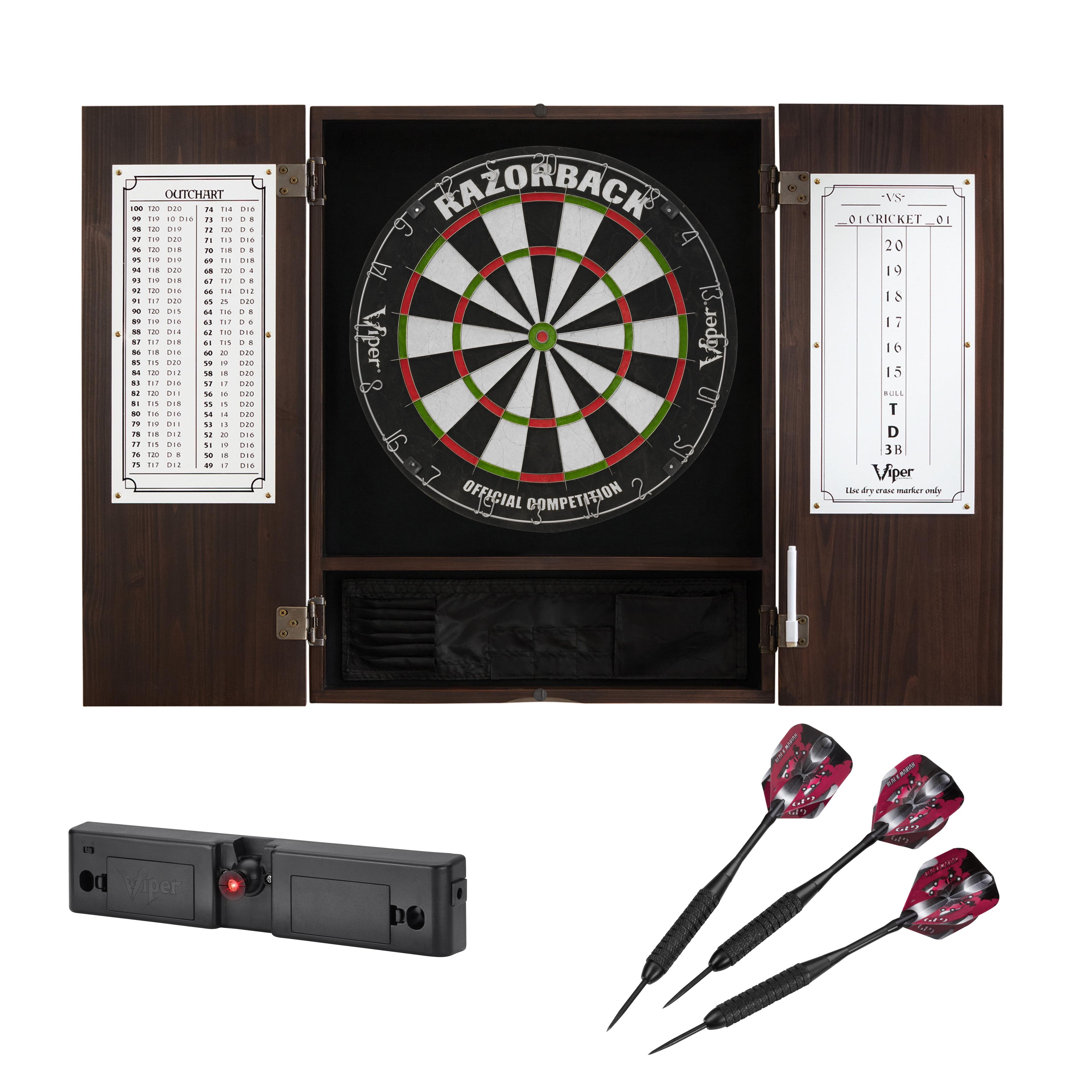 Viper Metropolitan Sisal Fiber Bristle Dartboard And Cabinet Bundle: Elite Set (Razorback Dartboard, Darts And Throw Line Light), Mahogany Finish