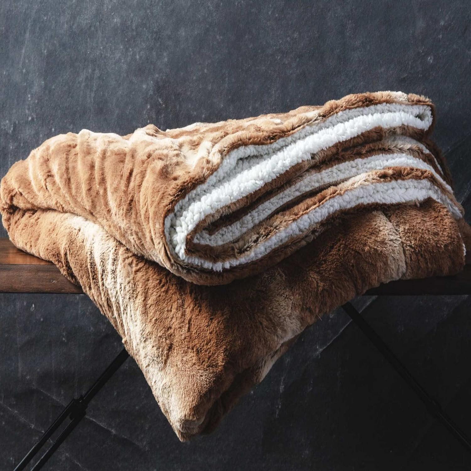 ViscoSoft Faux Fur Sherpa Luxury Blanket, Brown, Throw 50"x 60"