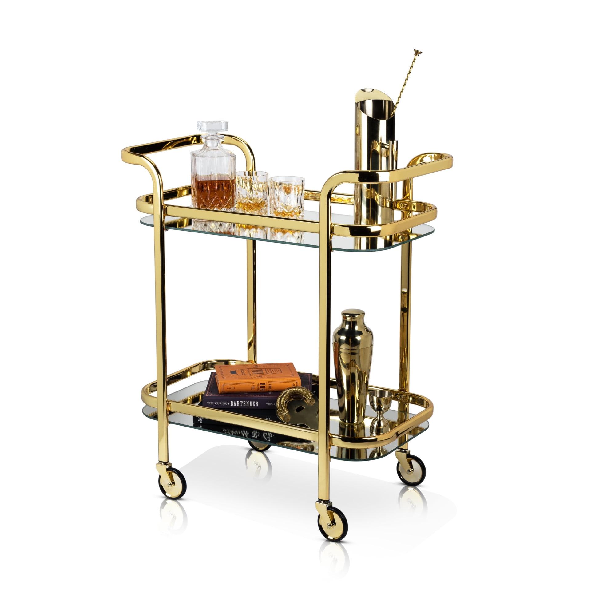 Belmont Polished Gold Stainless Steel Bar Cart with Glass Shelves