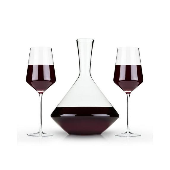 Viski Raye Bordeaux Wine Glasses & Decanter Set - Premium Crystal Clear Glass, Modern, Stemmed, Flat Bottom, Red Wine Gift - Set of 3