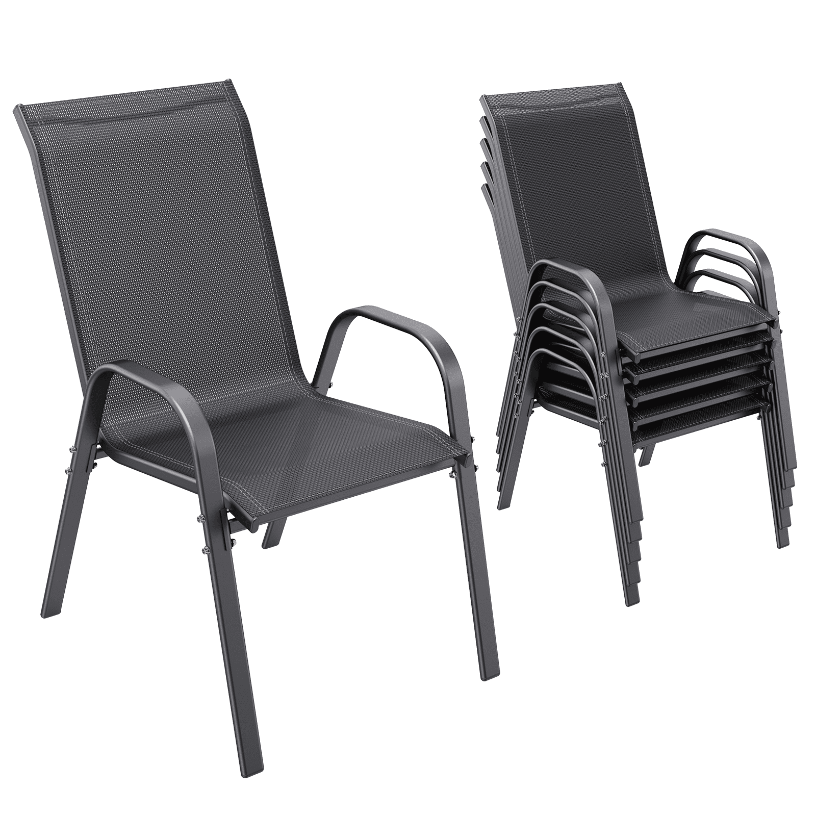 Gray Steel Frame Stackable Outdoor Dining Armchairs, Set of 6