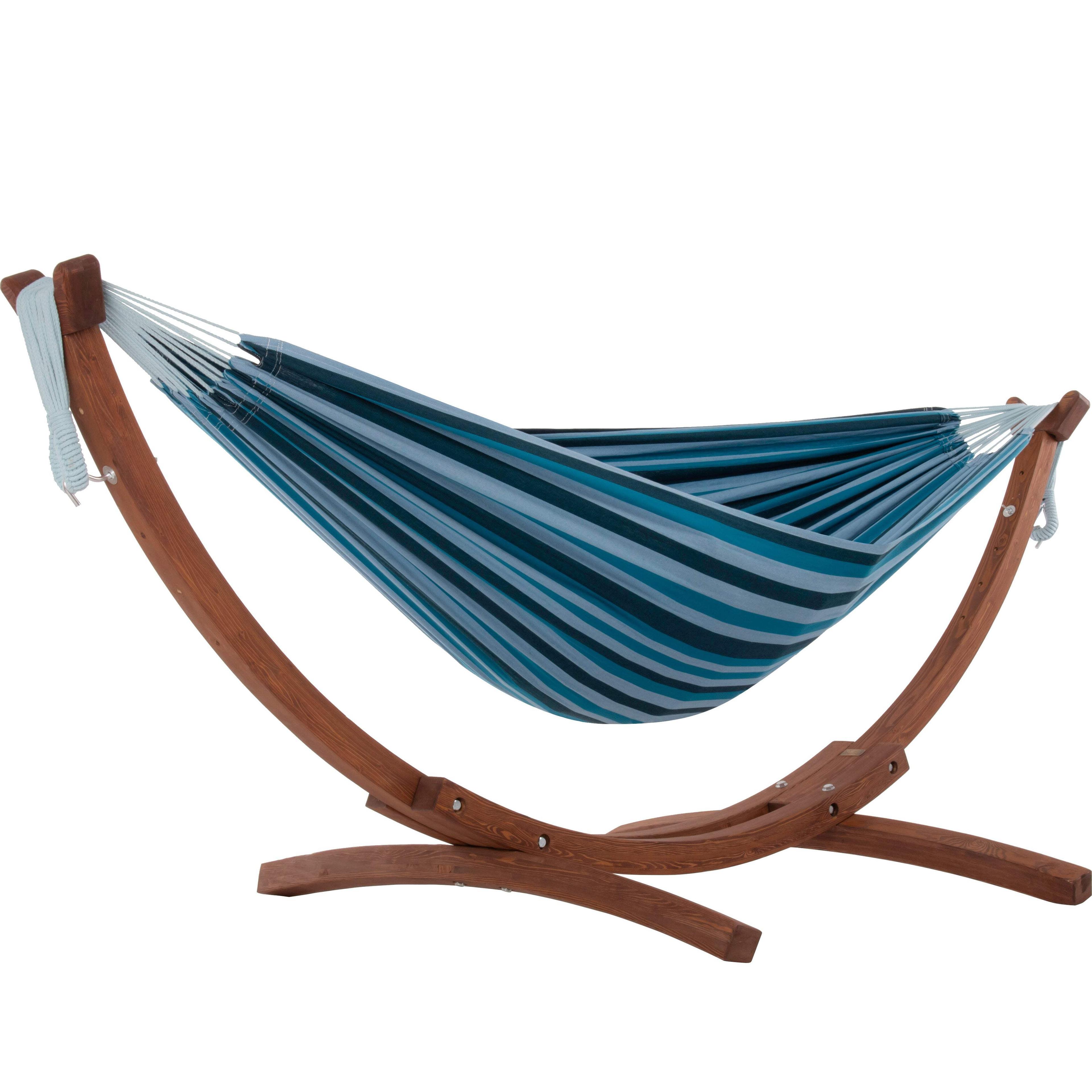 Vivere 8ft Double Cotton Hammock with Solid Pine Arc Stand - Blue Lagoon Color