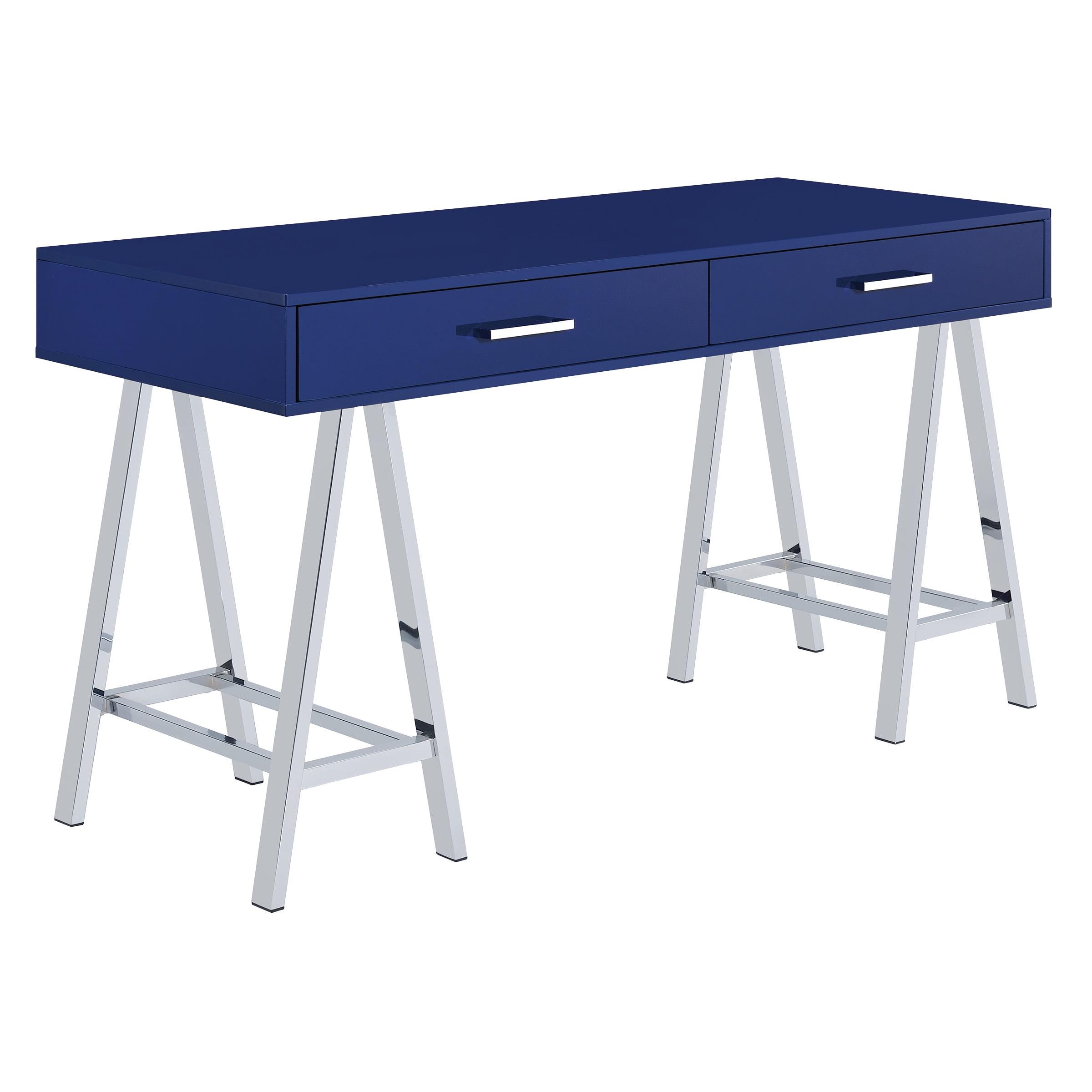 Lapis Blue Wood Desk with Chrome Base and Drawers