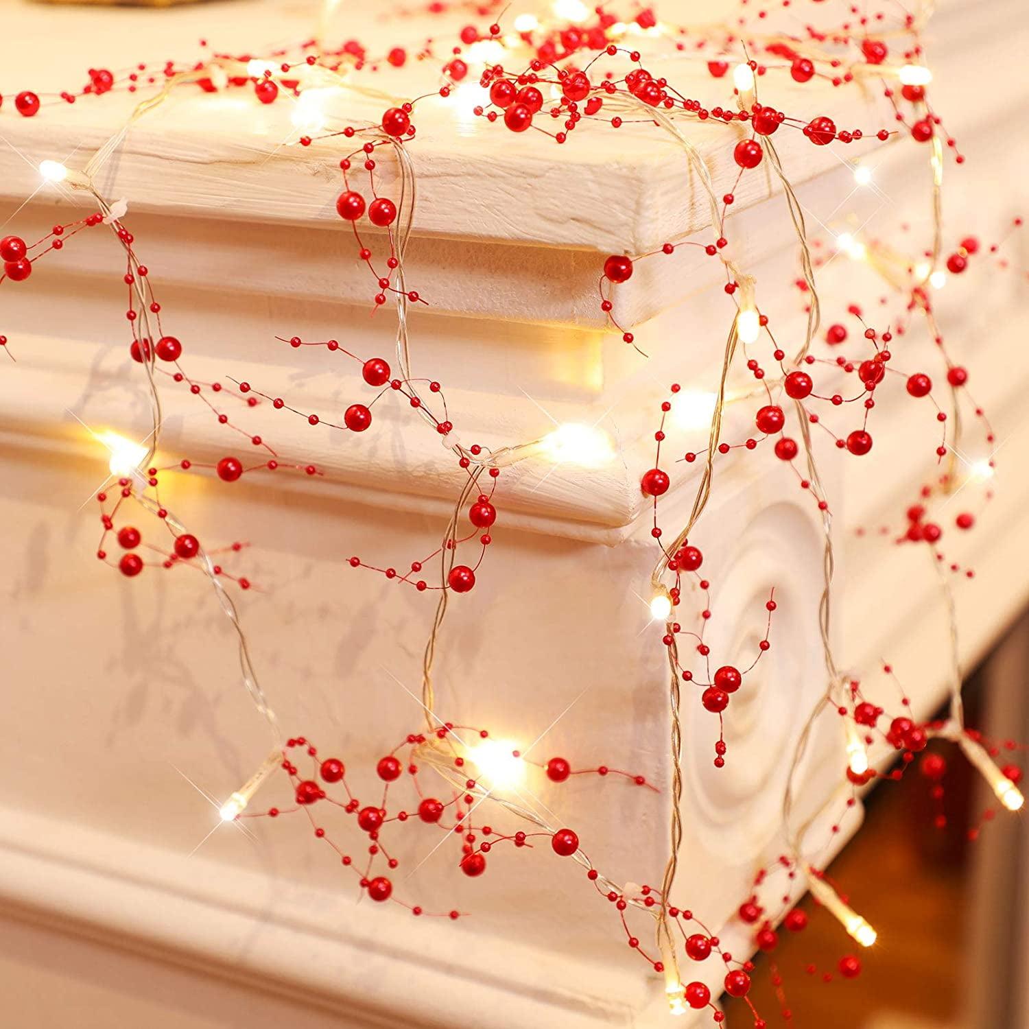 Collections Etc Lighted Berry-Beaded Holiday Garland Red