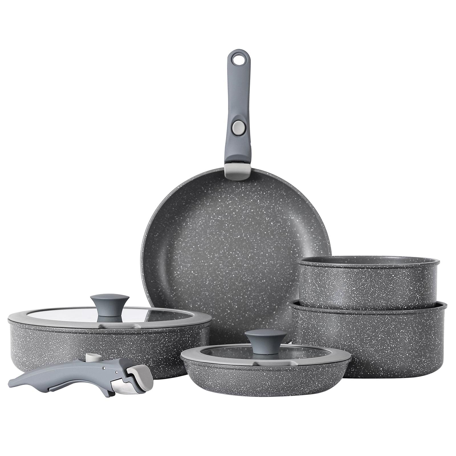 Vkoocy 9 Piece Nonstick Ceramic Cookware Set Pots and Pans Set with Removable Handle Detachable Handle Grey