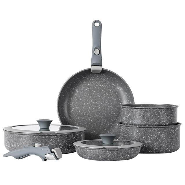 Vkoocy 9 Piece Nonstick Ceramic Cookware Set Pots and Pans Set with Removable Handle Detachable Handle Grey